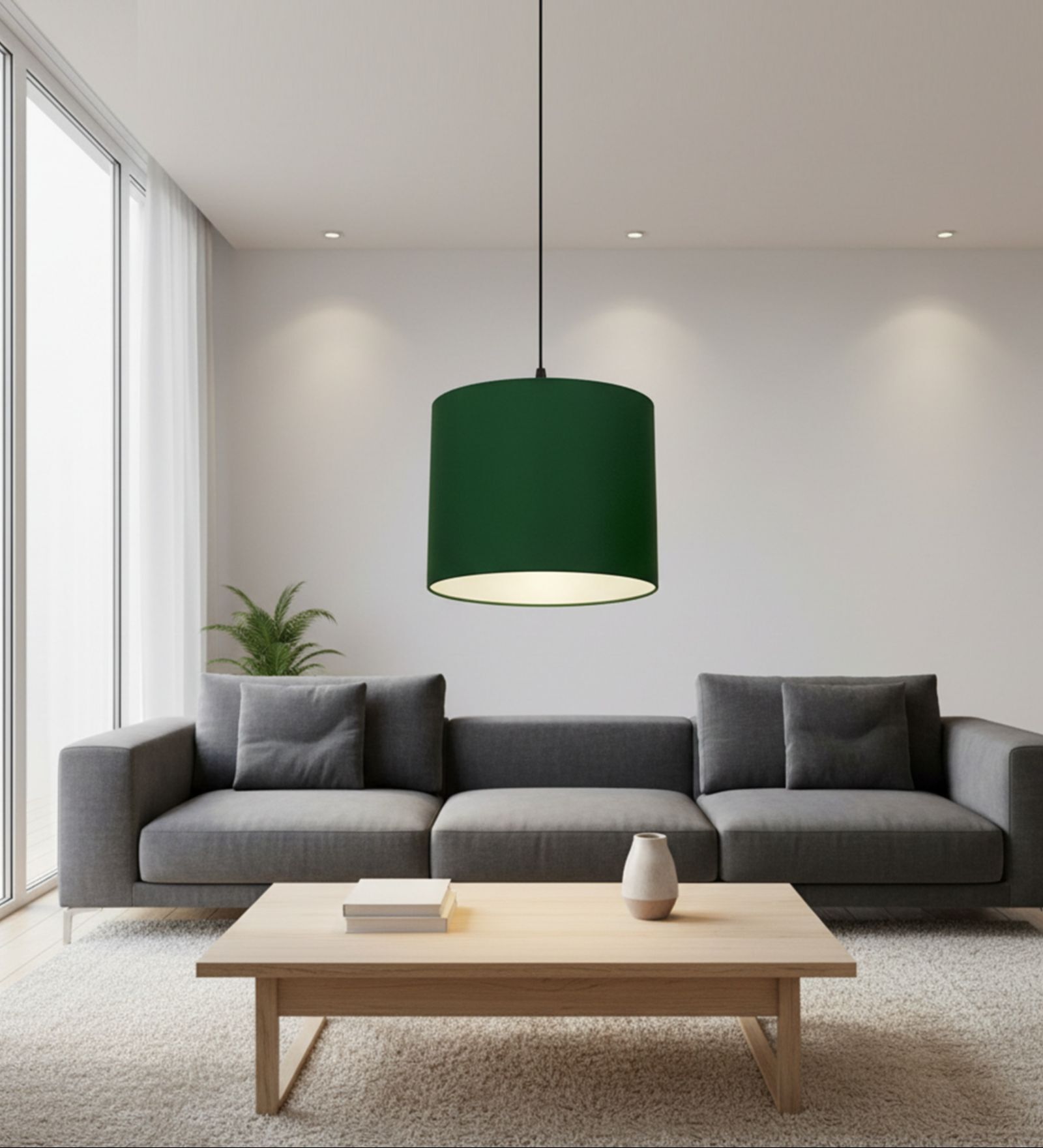 10-Inch Dark Green Fabric Drum Pendant Light, Modern Hanging Ceiling Lamp