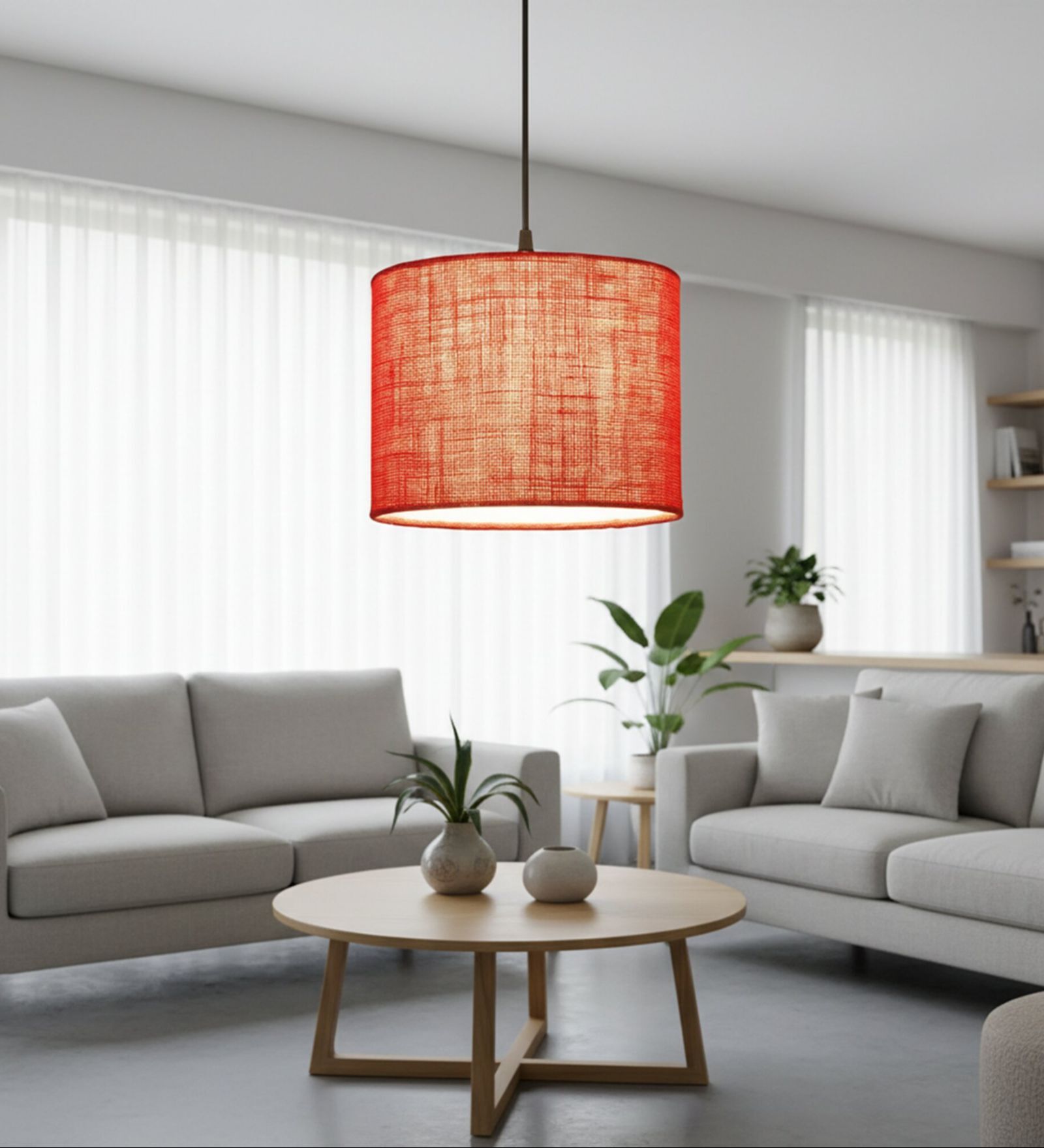 10-Inch Red Jute Fabric Drum Pendant Light