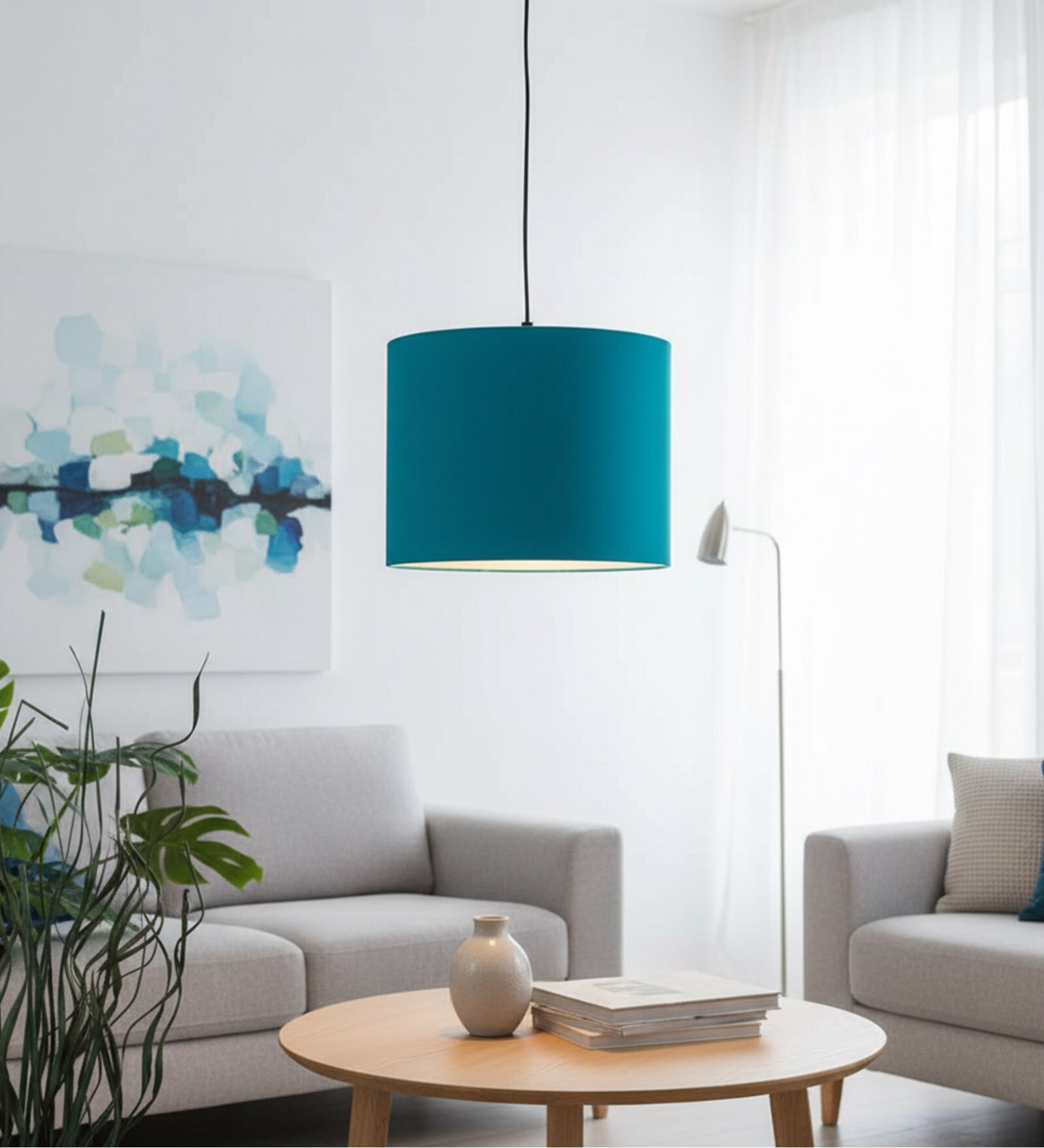 10-Inch Teal Fabric Drum Pendant Light, Modern Hanging Ceiling Lamp