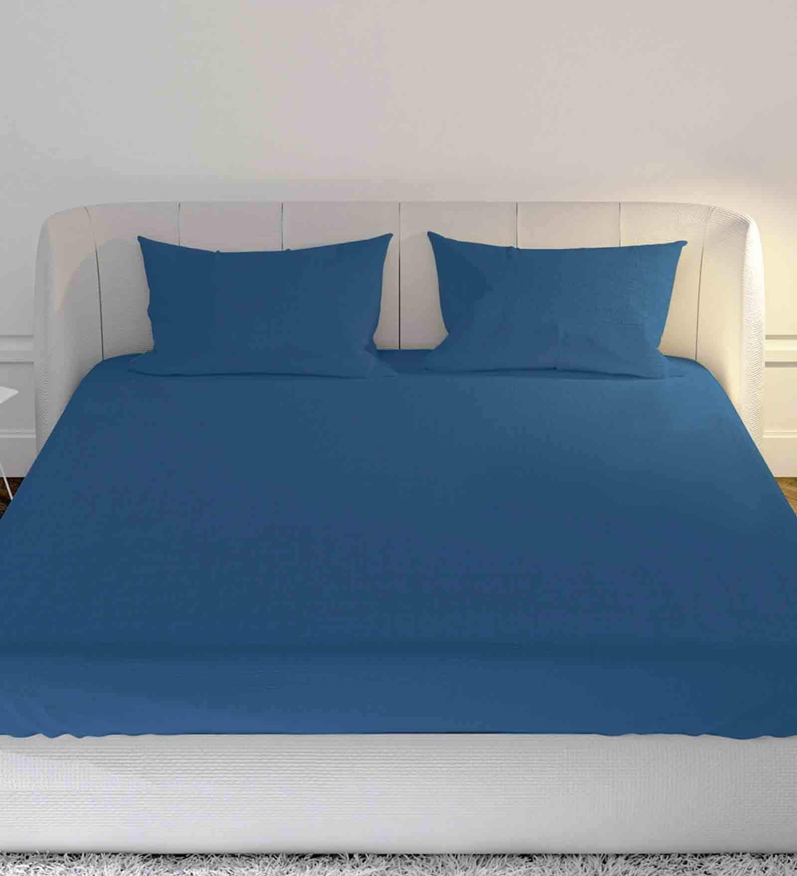 Blue Solid 144 TC Cotton King Size Bedsheet With 2 Pillow Covers 