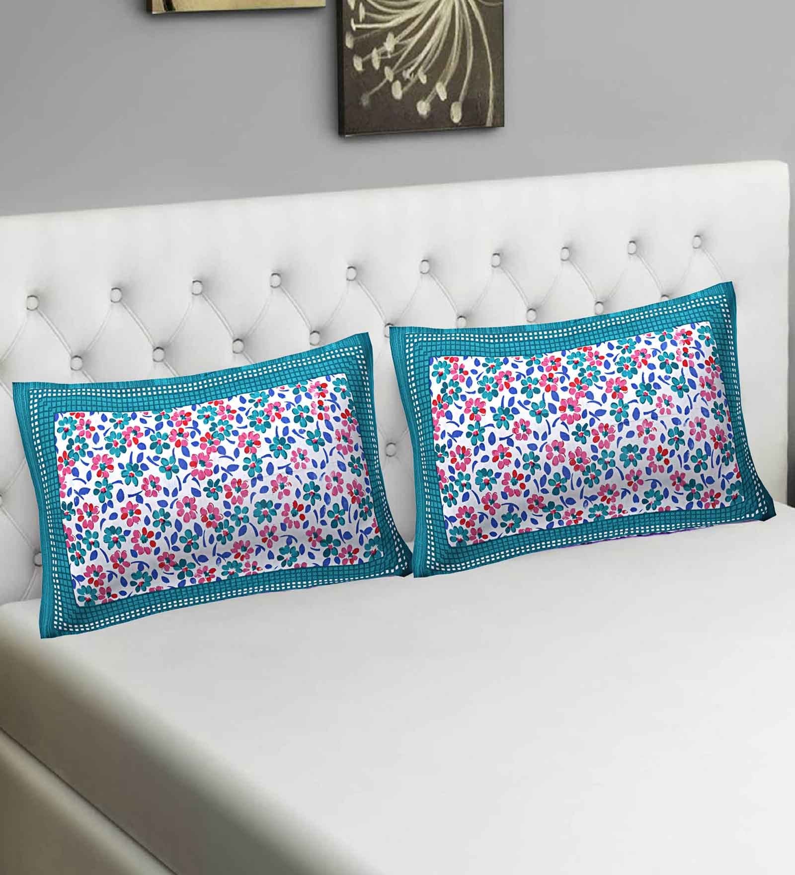 Blue Floral 104 TC 100 % Cotton 27X17 Inches Pillow Covers (Set of 2)
