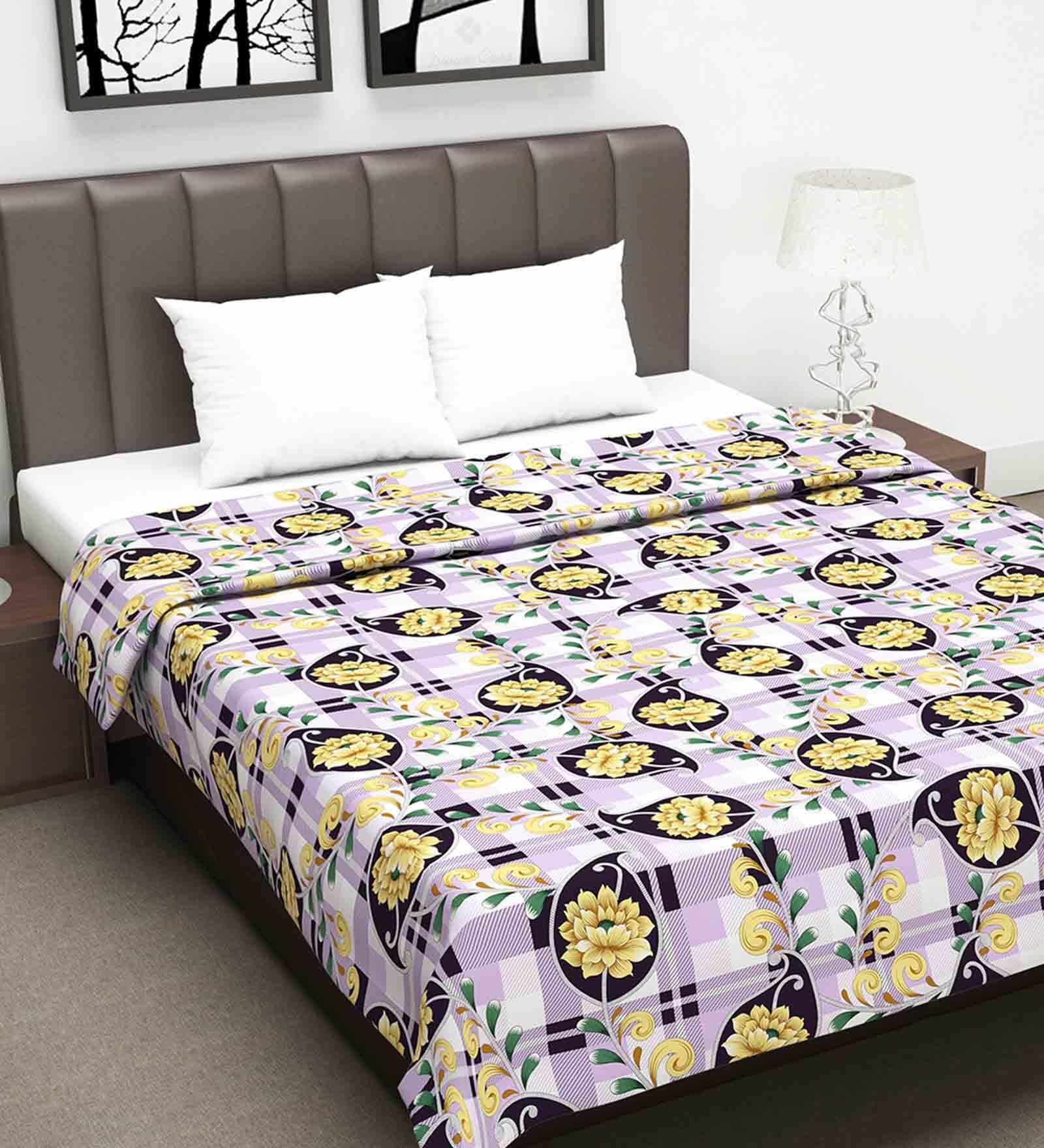 100% Cotton 110 GSM Floral Print Yellow & Violet Double Bed AC Dohar Blanket Quilt