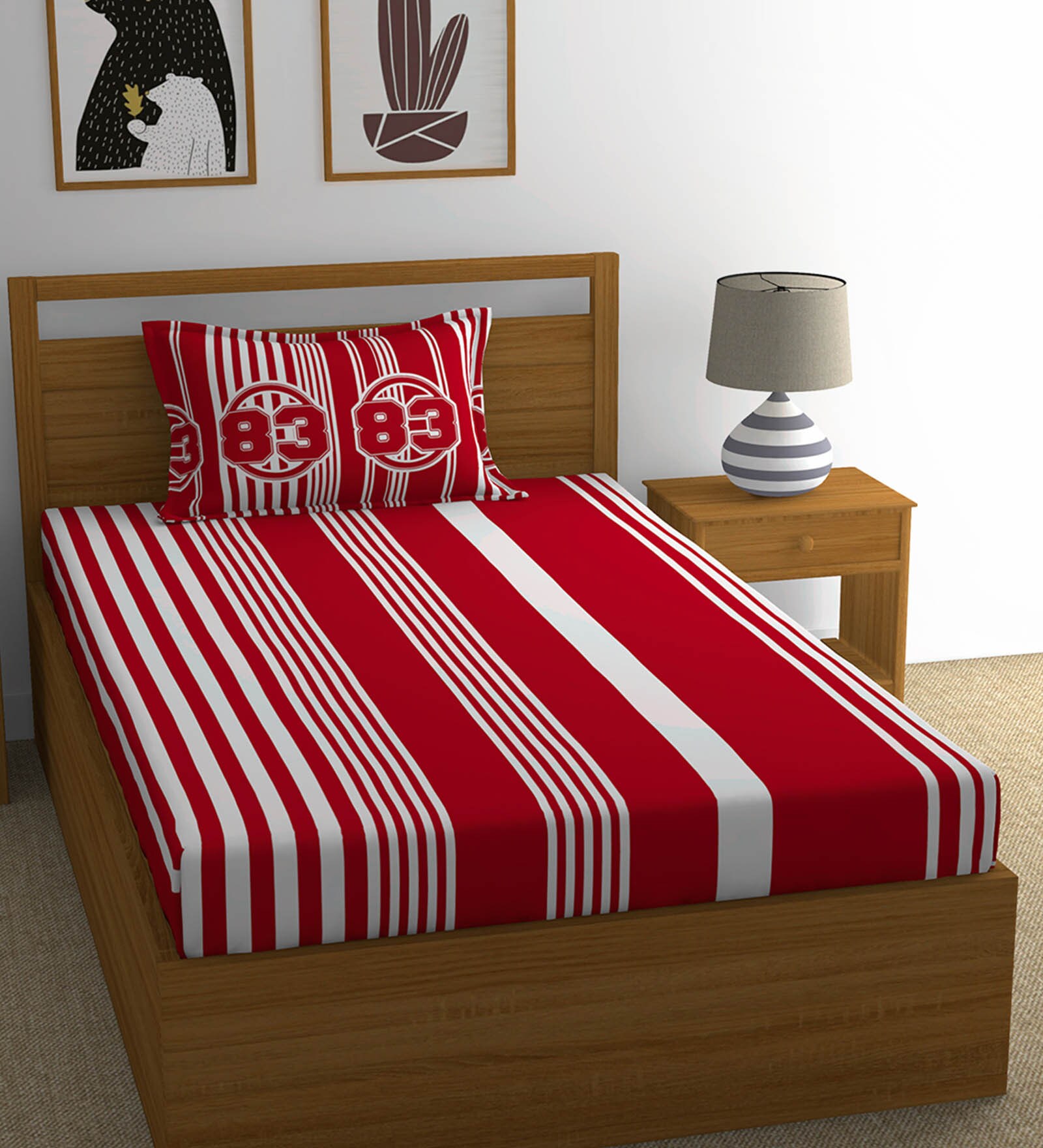 Red Geometric 120 TC Cotton Single Bed Sized Bed Sheets With 1 Pillow Cover