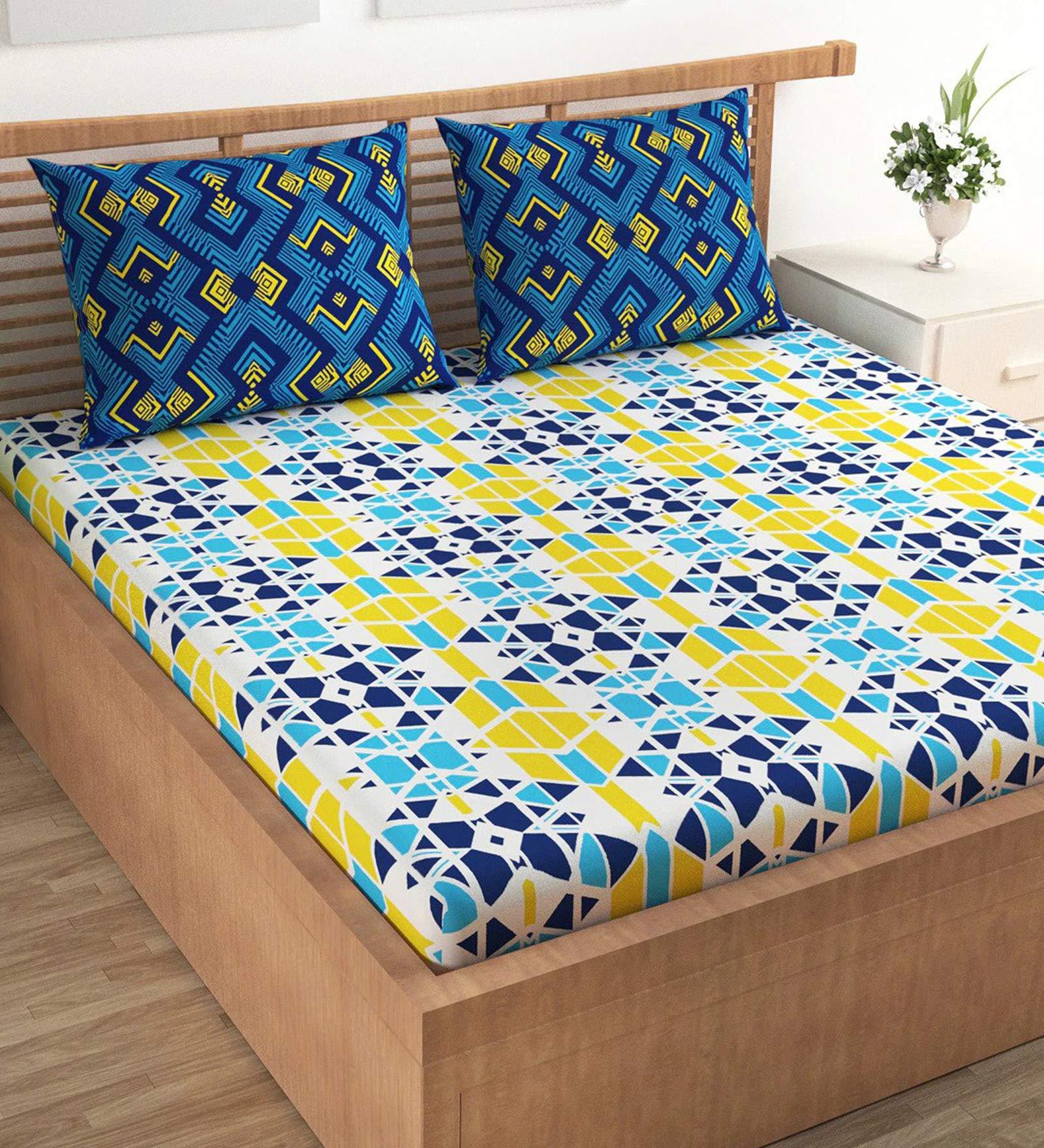 Blue Geometric 120 TC Cotton 1 Double Bedsheet with 2 Pillow Covers