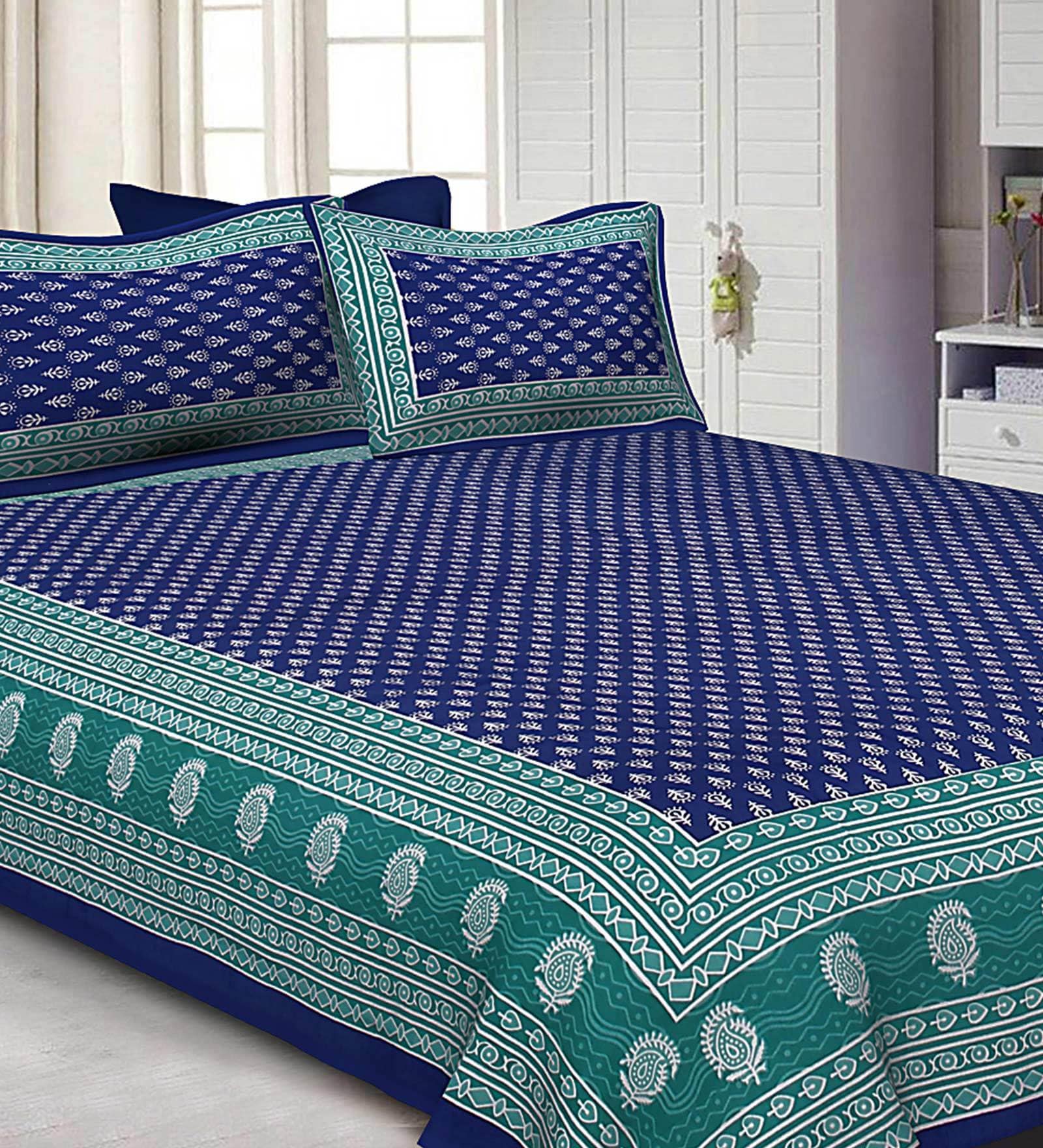 Blue Traditional 200 TC Cotton 1 Double Bedsheet with 2 Pillow Covers