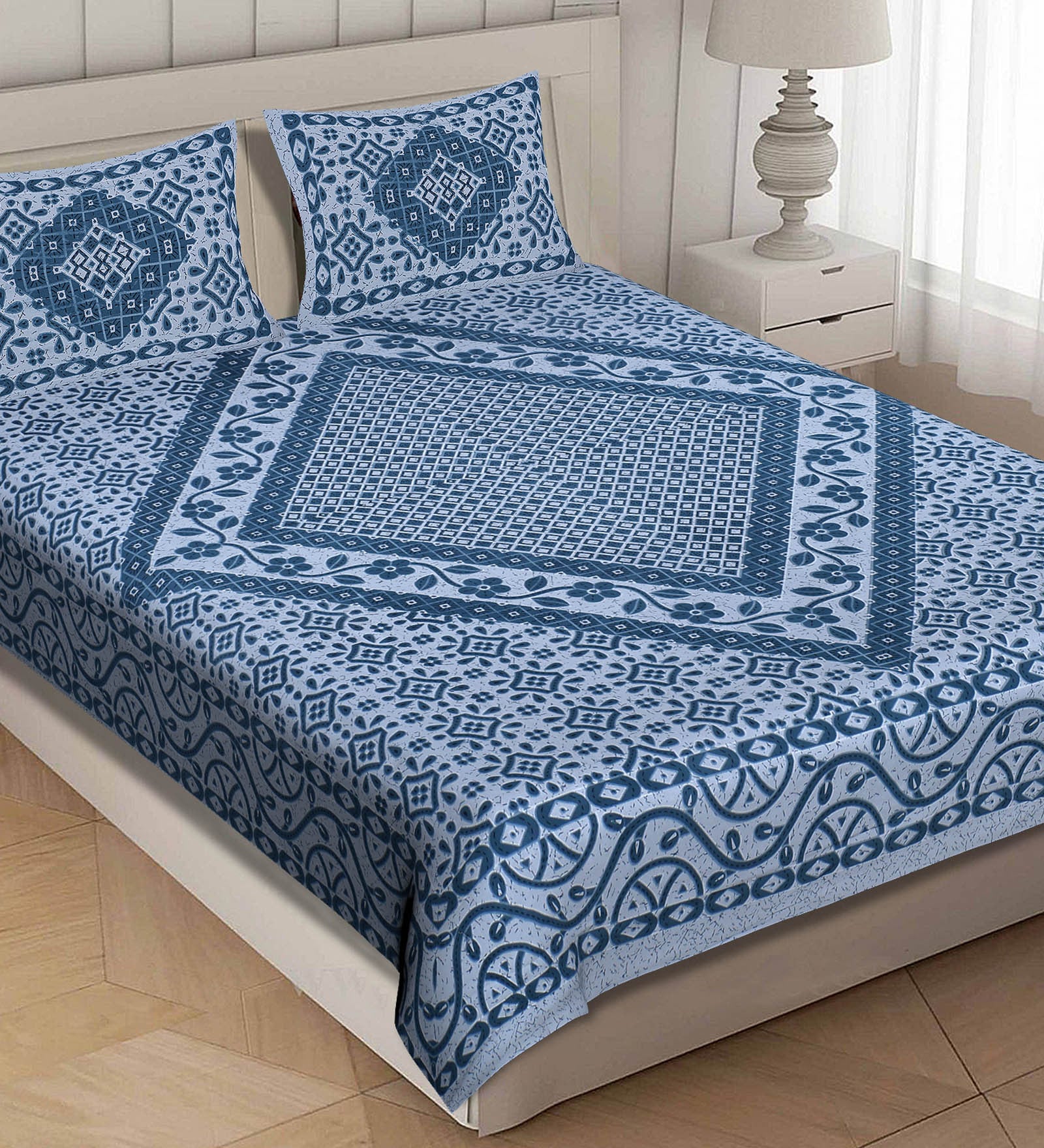 100% Cotton 144 TC Traditional Jaipuri King Size Bedsheet with 2 Pillow Covers
