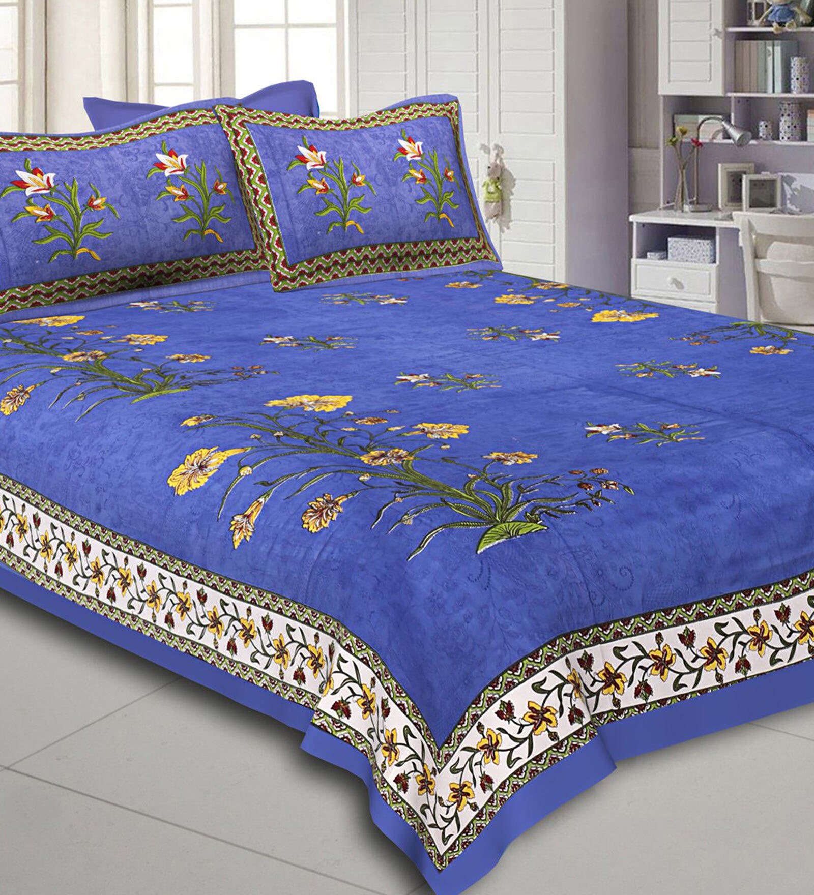 Buy Blue Floral 200 TC Cotton 1 Double Bedsheet with 2 Pillow Covers by