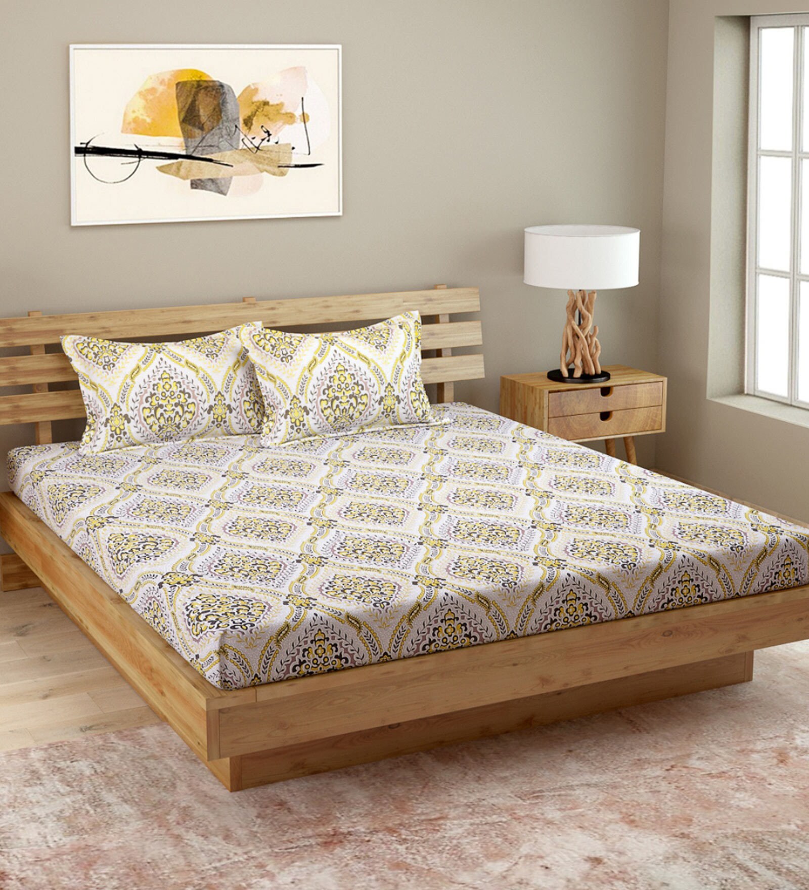 White Traditional 180 TC Cotton 1 Double King Size Bedsheet with 2 Pillow Covers