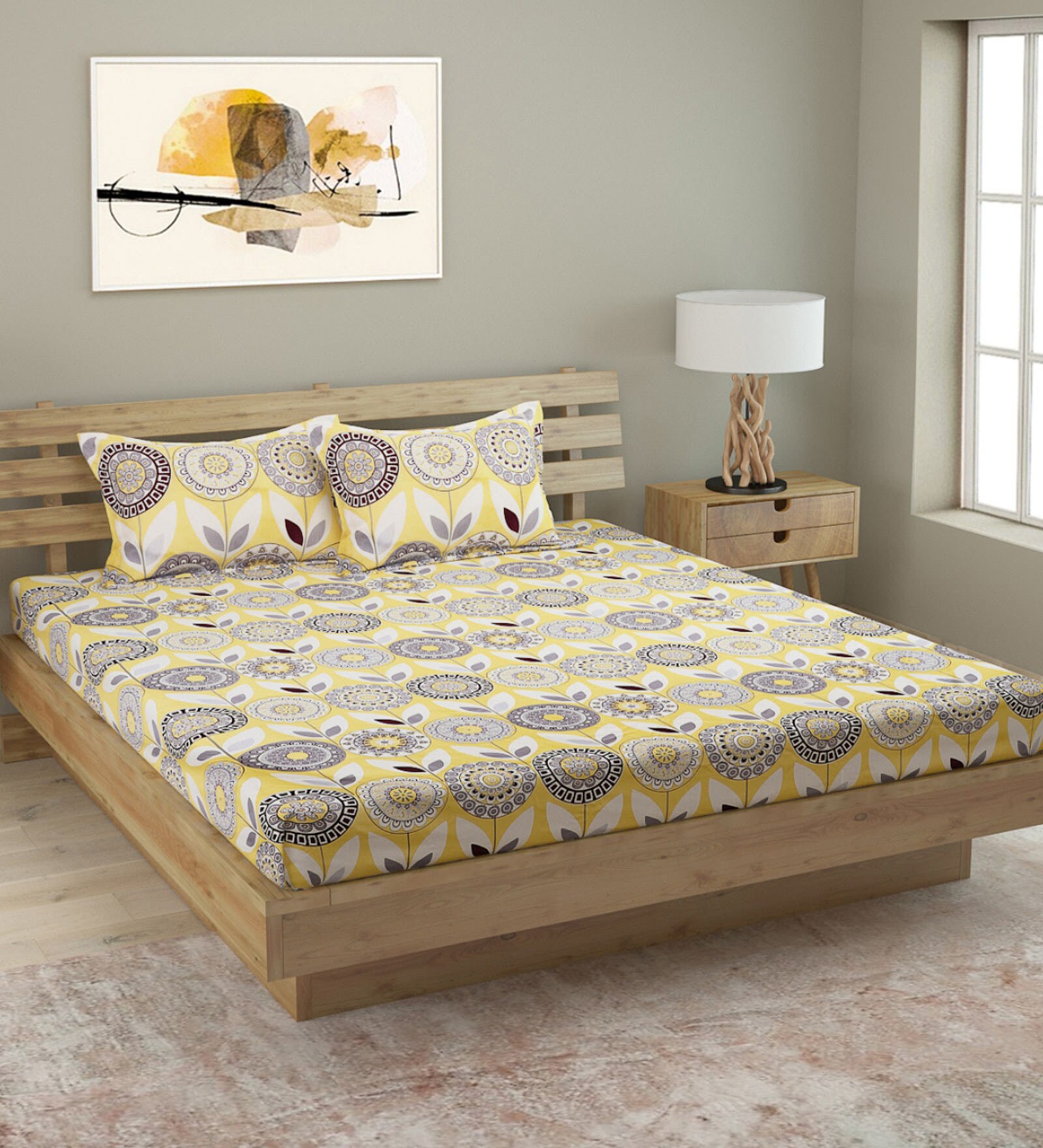 Yellow Floral 250 TC Cotton Double King Sized Bedsheet With 2 Pillow Covers