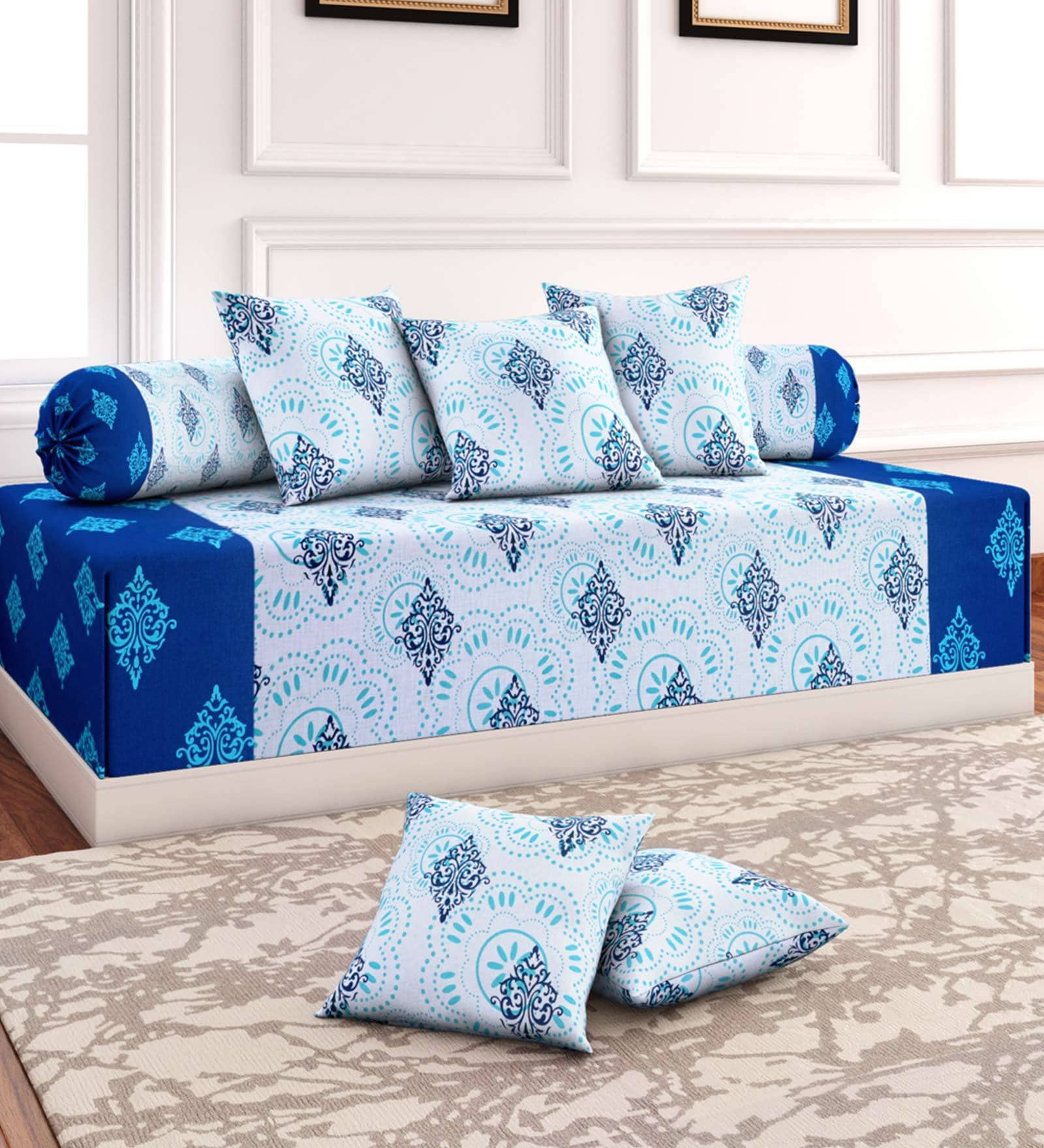 Blue Patterned 200 TC 100% Cotton (Set of 6) Diwan Sets