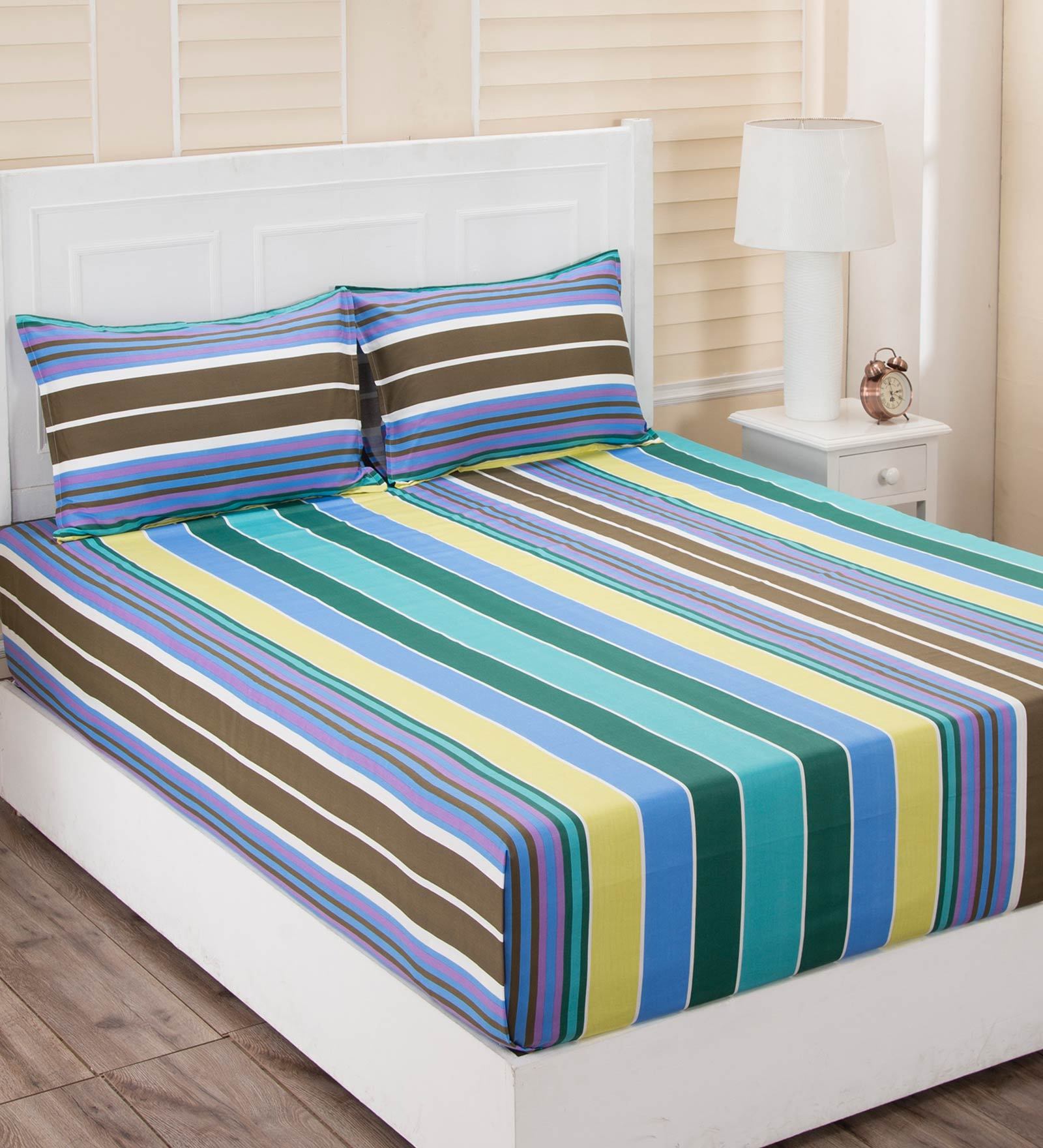 Multicolor Striped 210 TC Cotton 1 Double Bedsheet with 2 Pillow Covers
