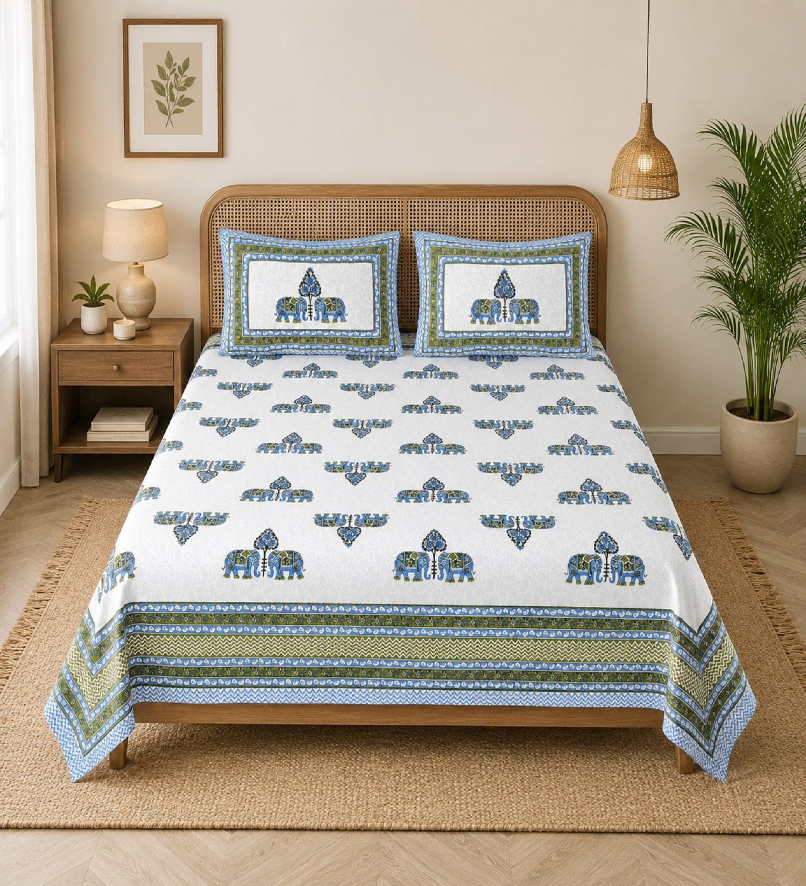 Blue 210 TC 100% Cotton Elephant Printed Super King Size Bedsheet with 2 Pillow Covers