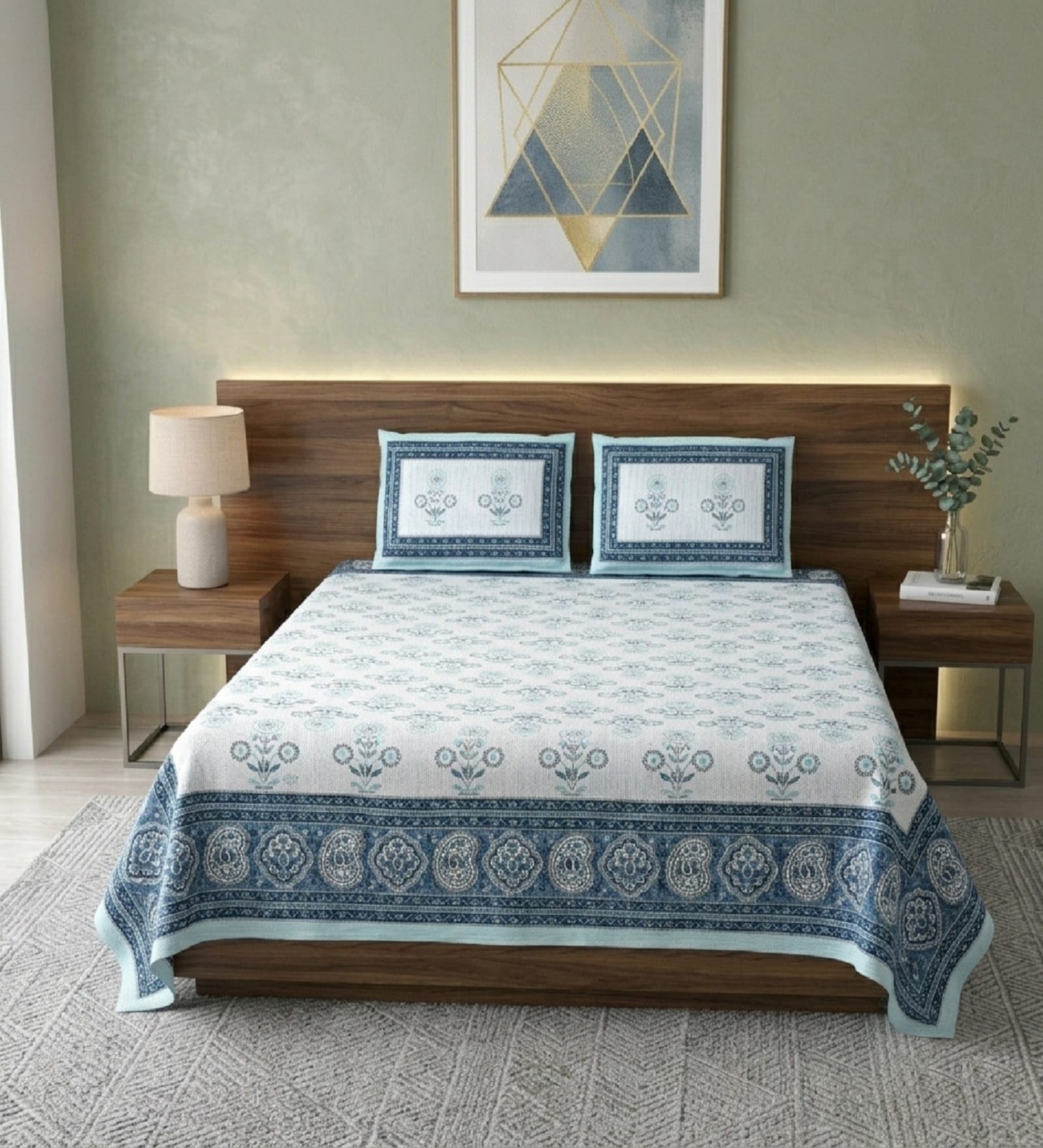 Blue Floral 100% Cotton King Size Bedsheet with 2 Pillow Covers