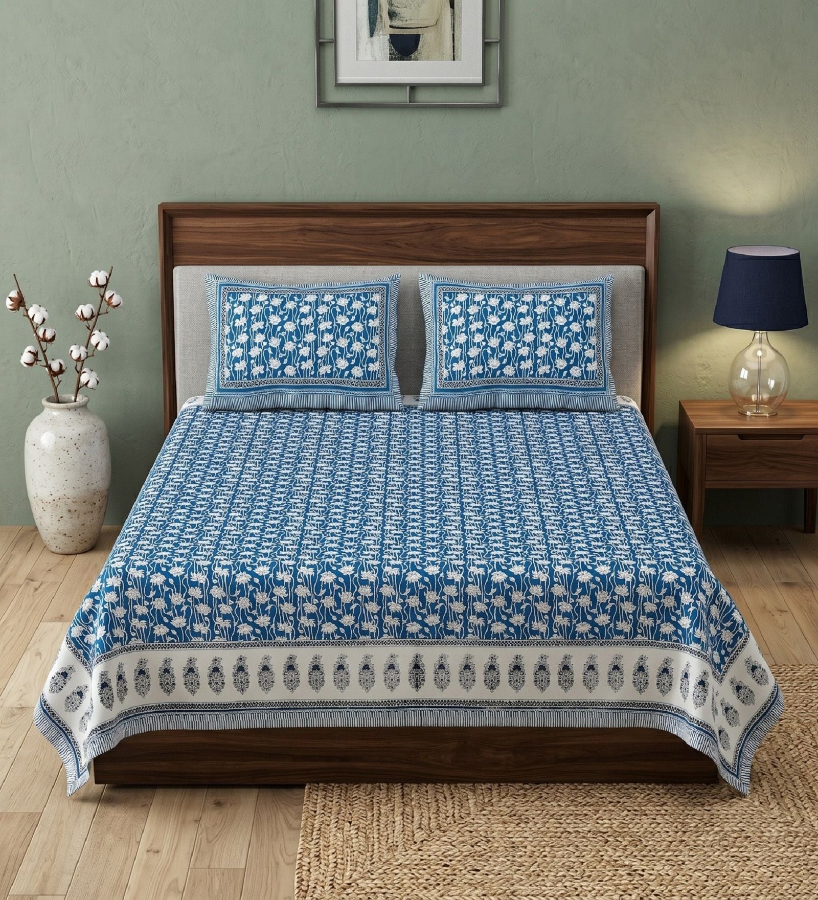 Blue Floral 100% Cotton Super King Size Bedsheet with 2 Pillow Covers