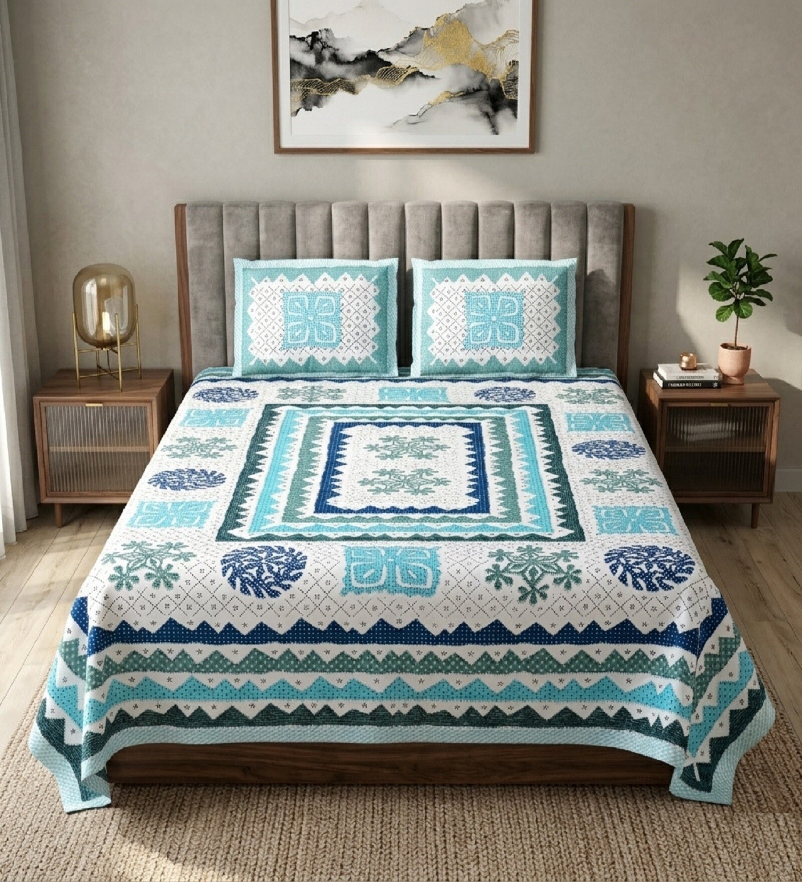 Blue Abstract 100% Cotton King Size Bedsheet with 2 Pillow Covers