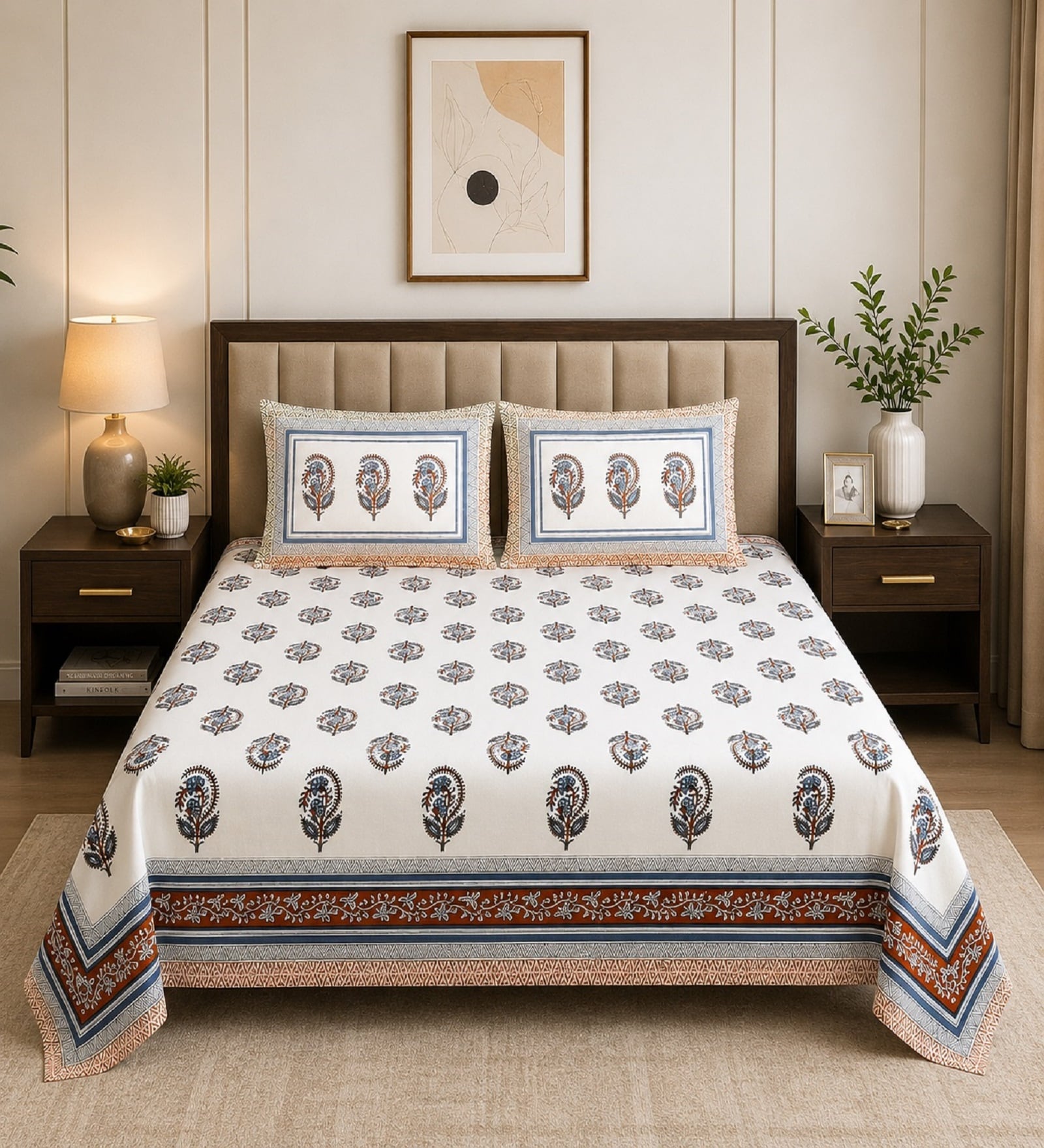 Brown Floral 210 TC 100% Cotton Super King Size Bedsheet with 2 Pillow Covers