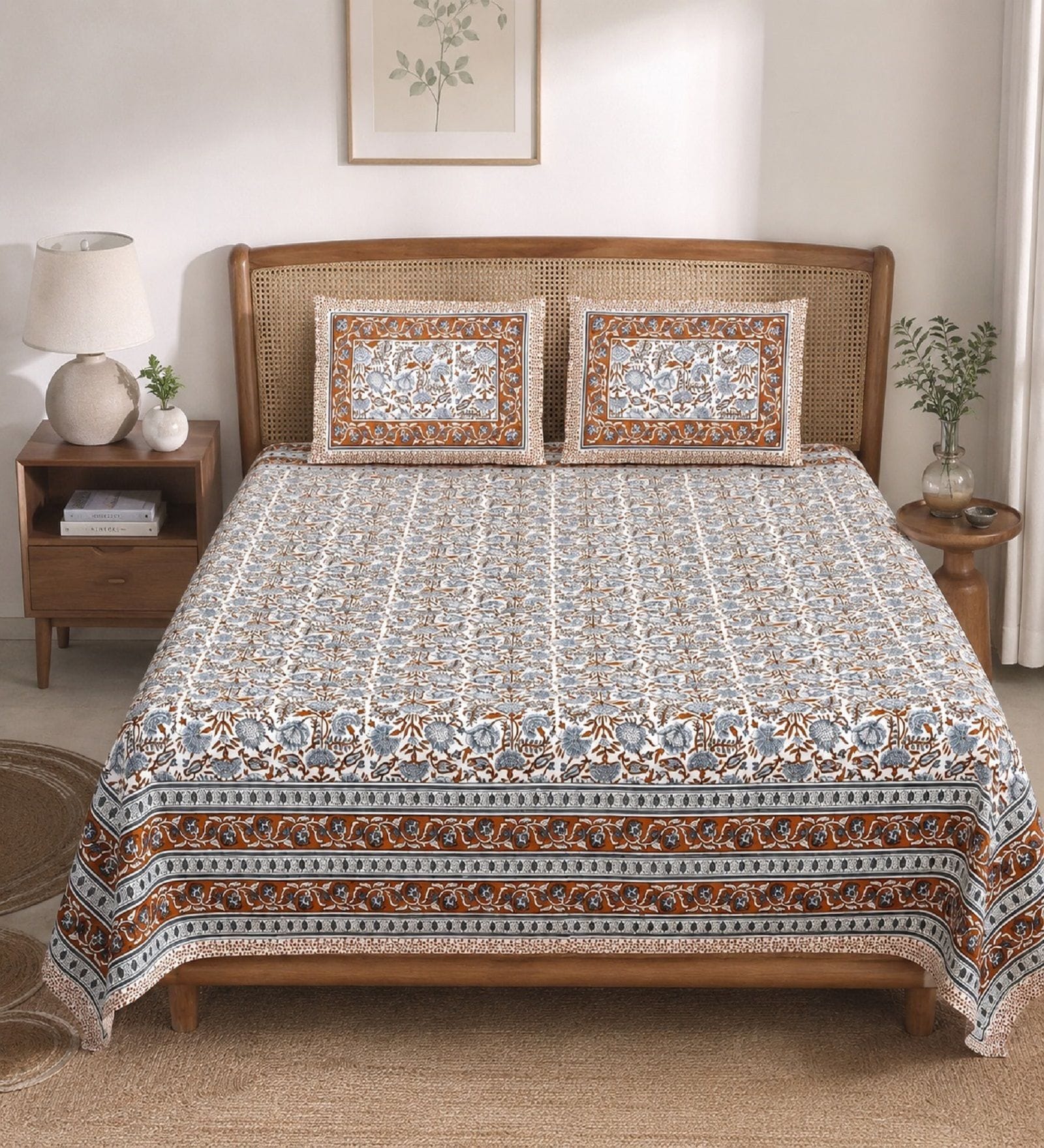 Brown Floral 100% Cotton Super King Size Bedsheet with 2 Pillow Covers
