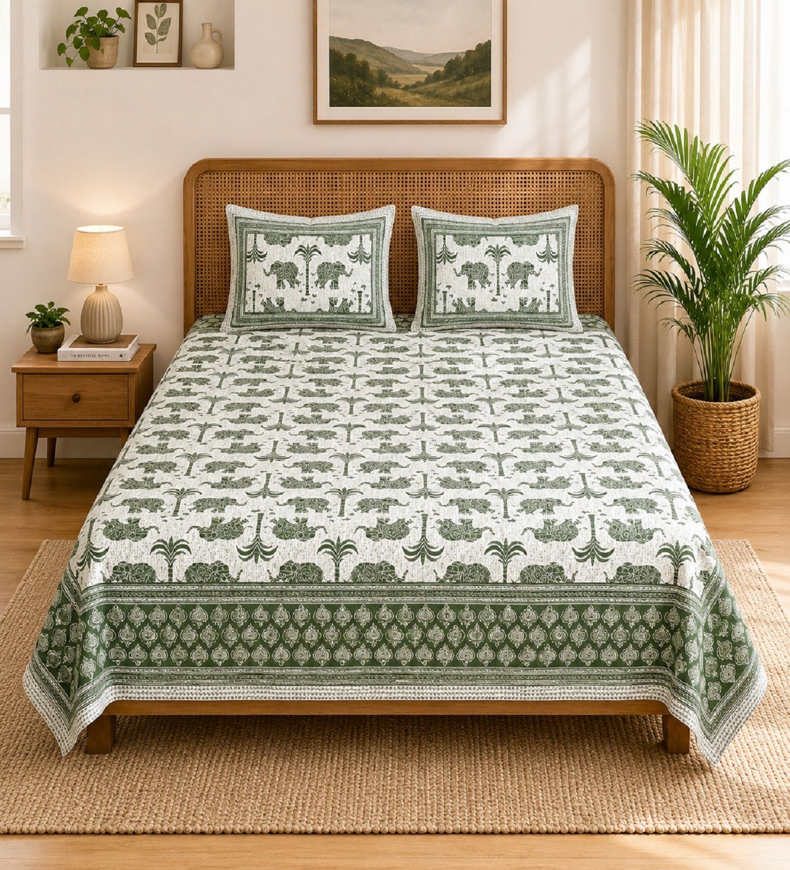 Green Elephant 100% Cotton King Size Bedsheet with 2 Pillow Covers