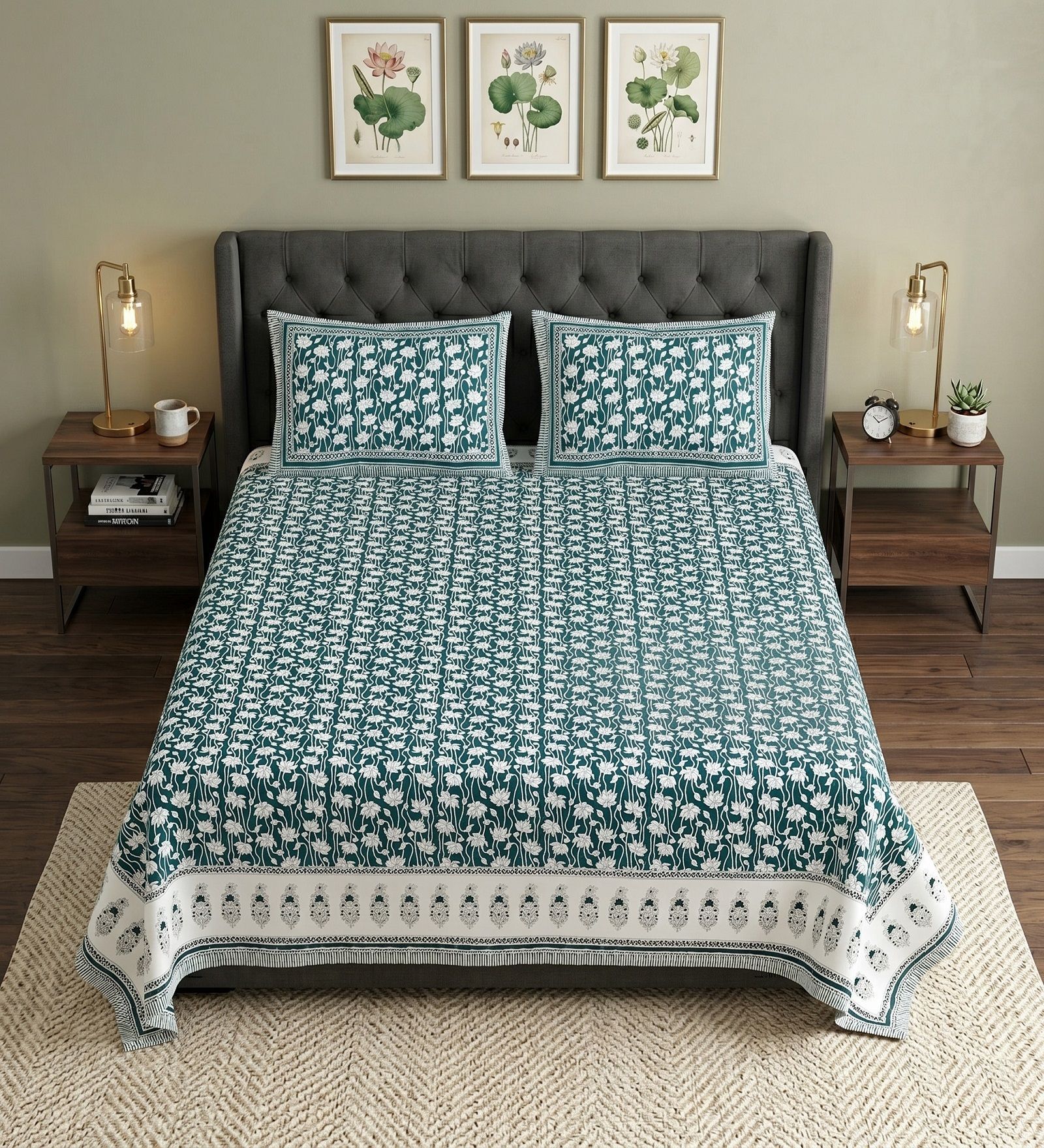 Green Floral 100% Cotton Super King Size Bedsheet with 2 Pillow Covers