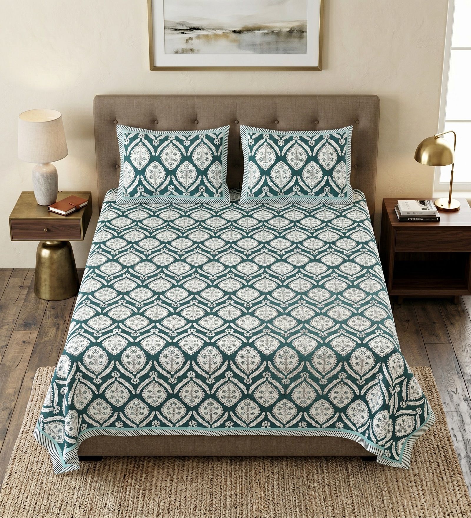 Green Floral 100% Cotton Super King Size Bedsheet with 2 Pillow Covers