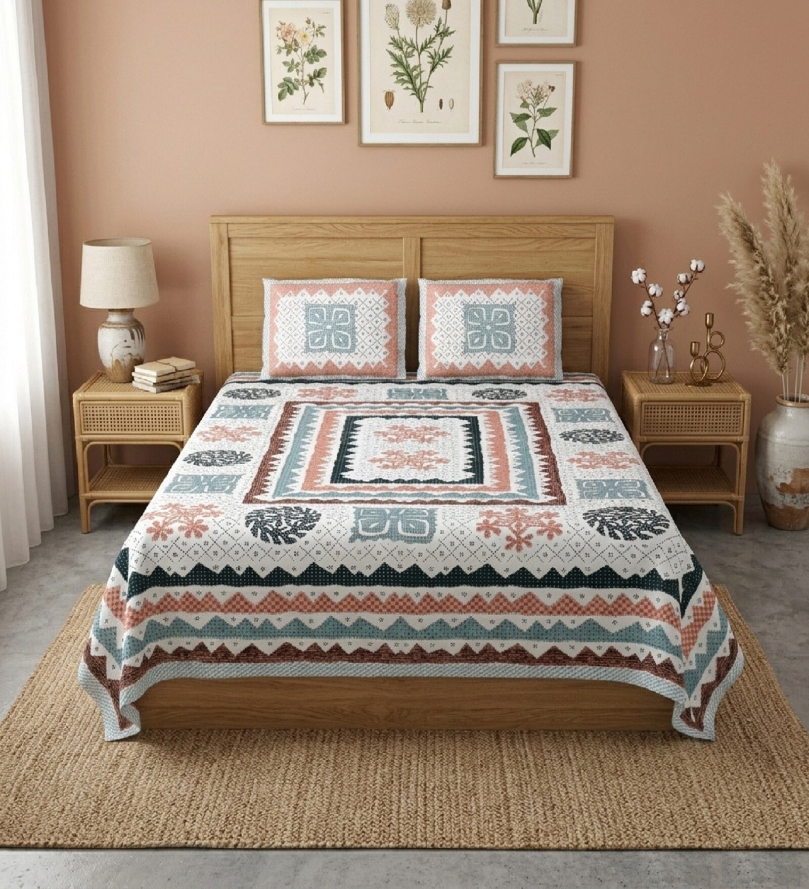 Grey Abstract 100% Cotton King Size Bedsheet with 2 Pillow Covers