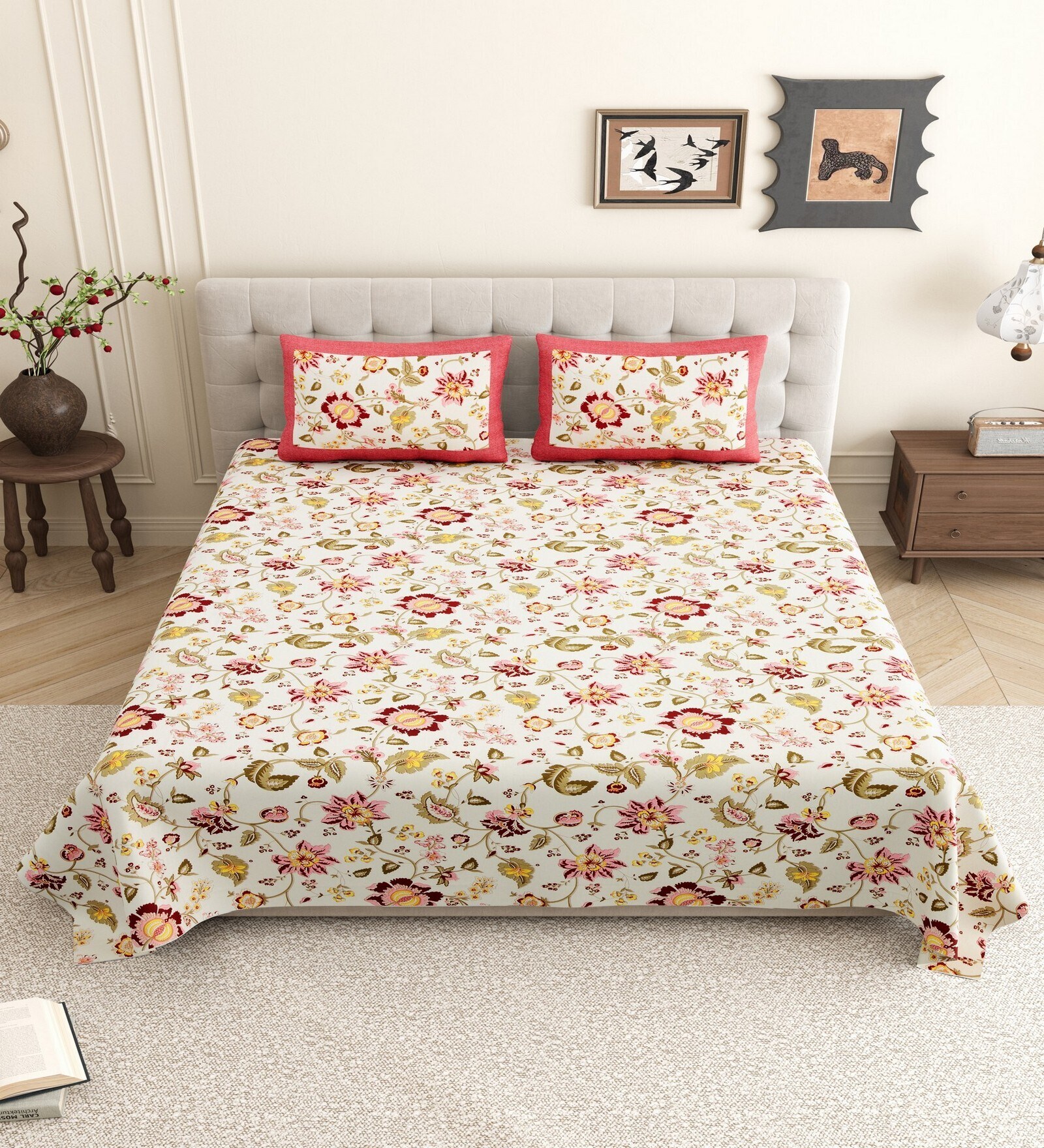 Orange Floral 144 TC Cotton King Size  King Size Bedsheet With 2 Pillow Cover