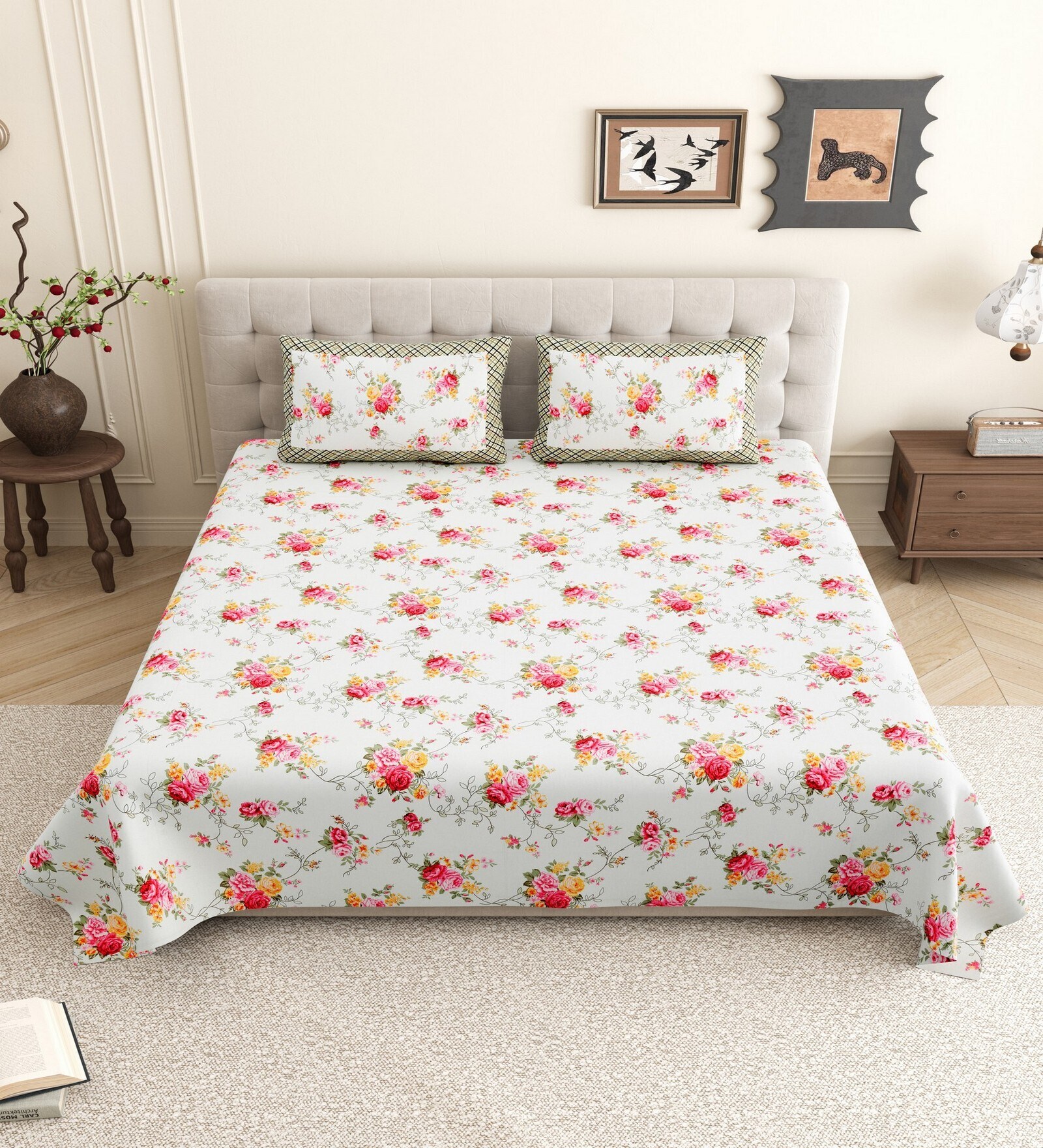 Orange Floral 144 TC Cotton King Size  King Size Bedsheet With 2 Pillow Cover