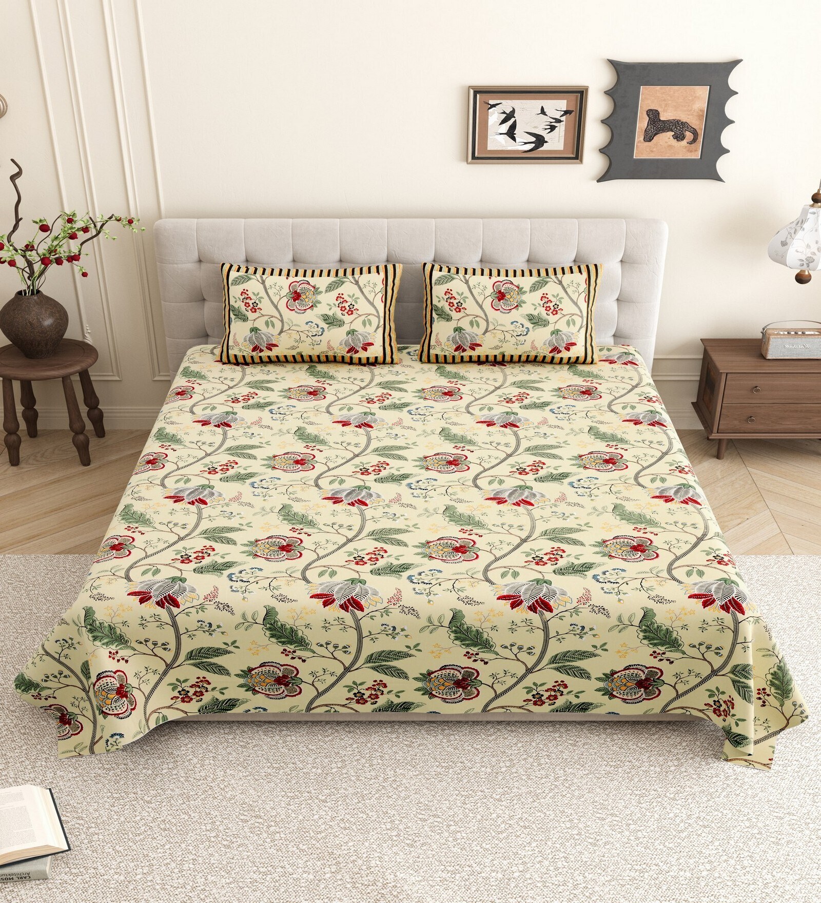 Soft Yellow Floral 144 TC Cotton King Size  King Size Bedsheet With 2 Pillow Cover