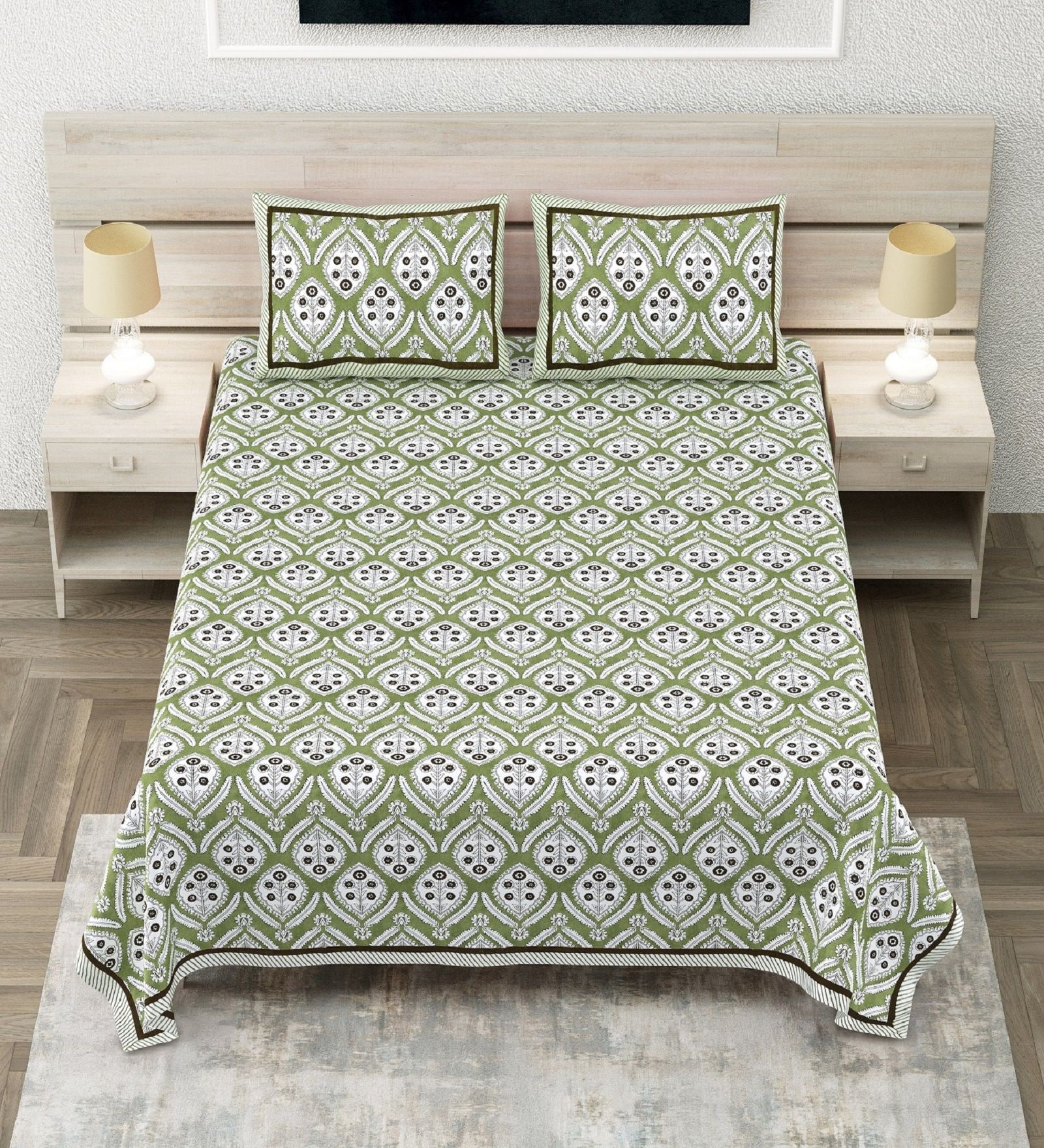 Light Green Floral 100% Cotton Super King Size Bedsheet with 2 Pillow Covers