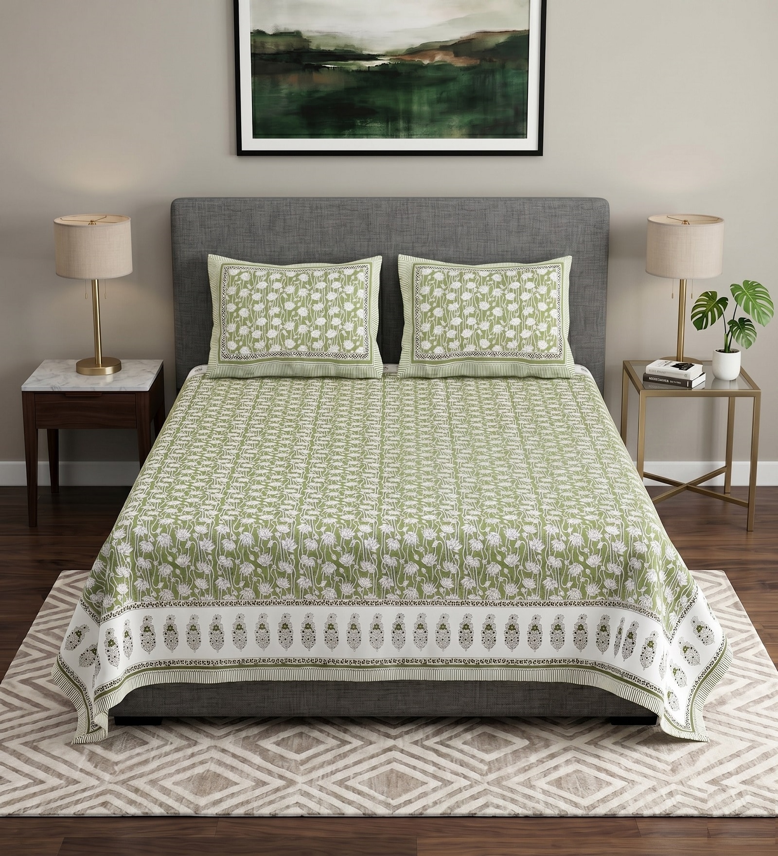 Light Green Floral 100% Cotton Super King Size Bedsheet with 2 Pillow Covers