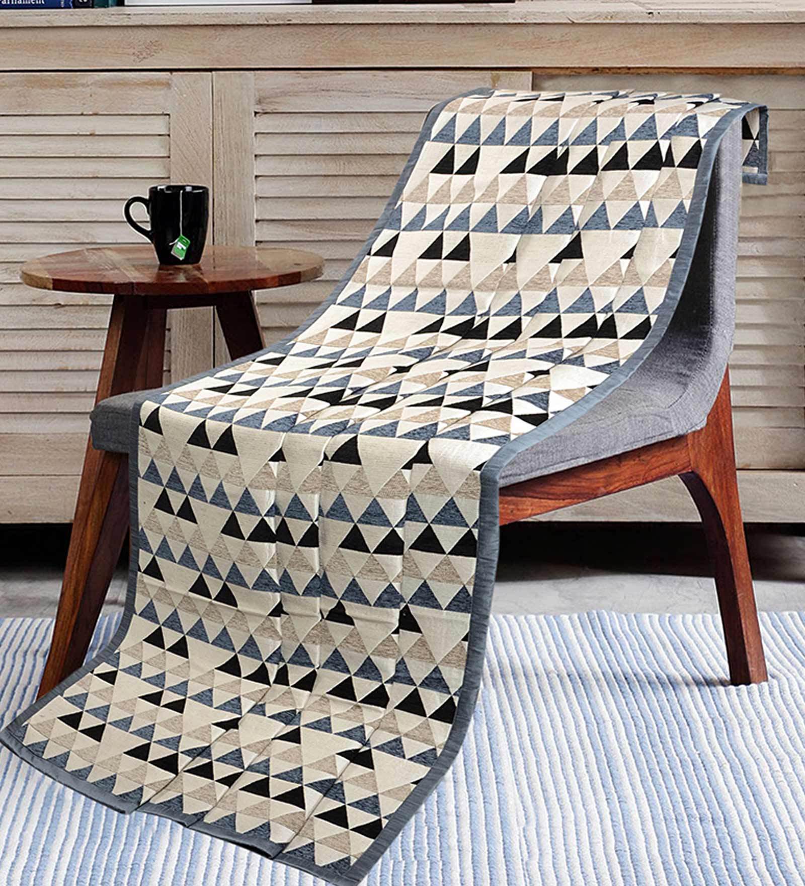 Grey Cotton Printed 63X55 Inch Reversible Throw