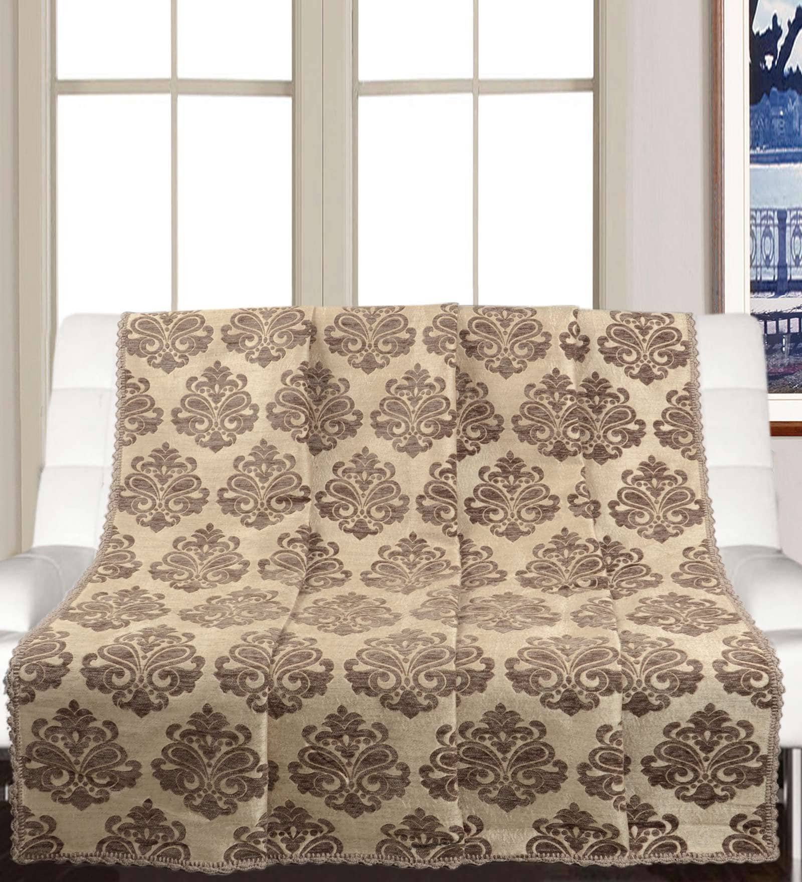 Beige Cotton Printed 82X55 Inch Reversible Throw