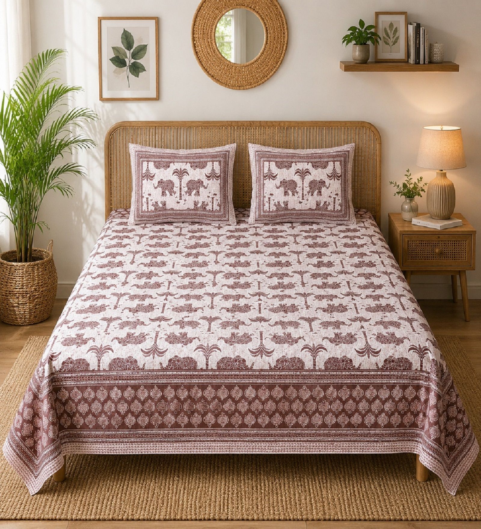 Maroon Elephant 100% Cotton King Size Bedsheet with 2 Pillow Covers