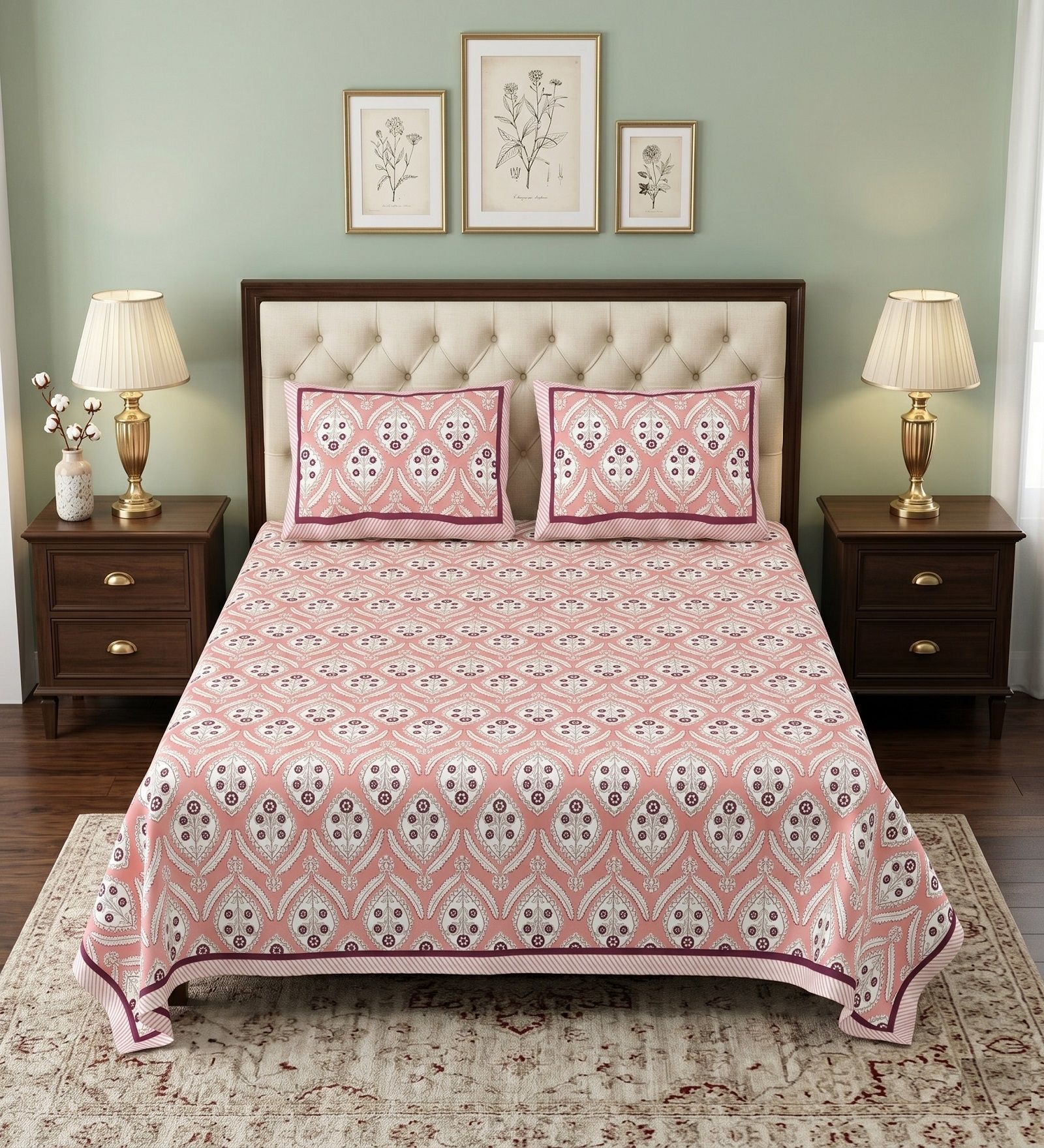 Peach Floral 100% Cotton Super King Size Bedsheet with 2 Pillow Covers