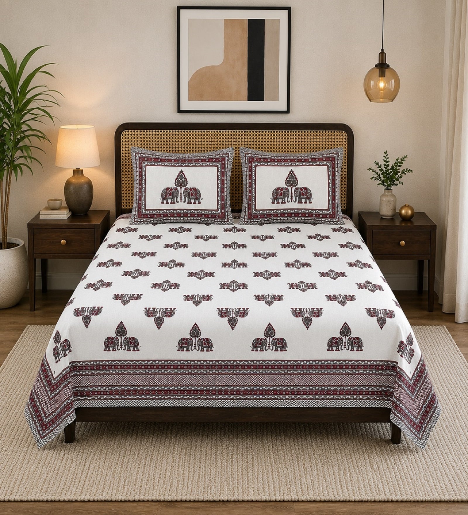 Purple 210 TC 100% Cotton Elephant Printed Super King Size Bedsheet with 2 Pillow Covers