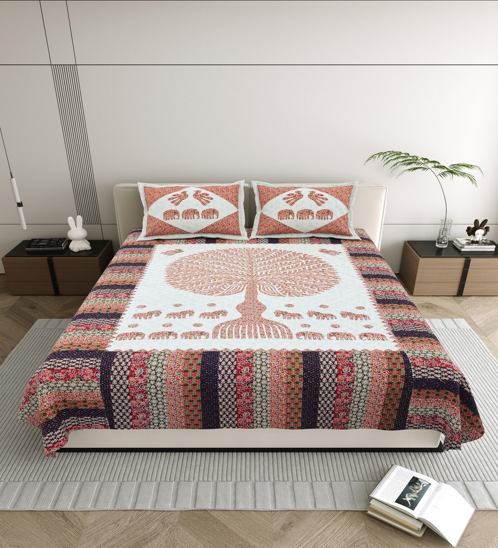 Orange And White Traditional print 144 TC Cotton Double bedsheet  Bedsheet With 2 Pillow Cover