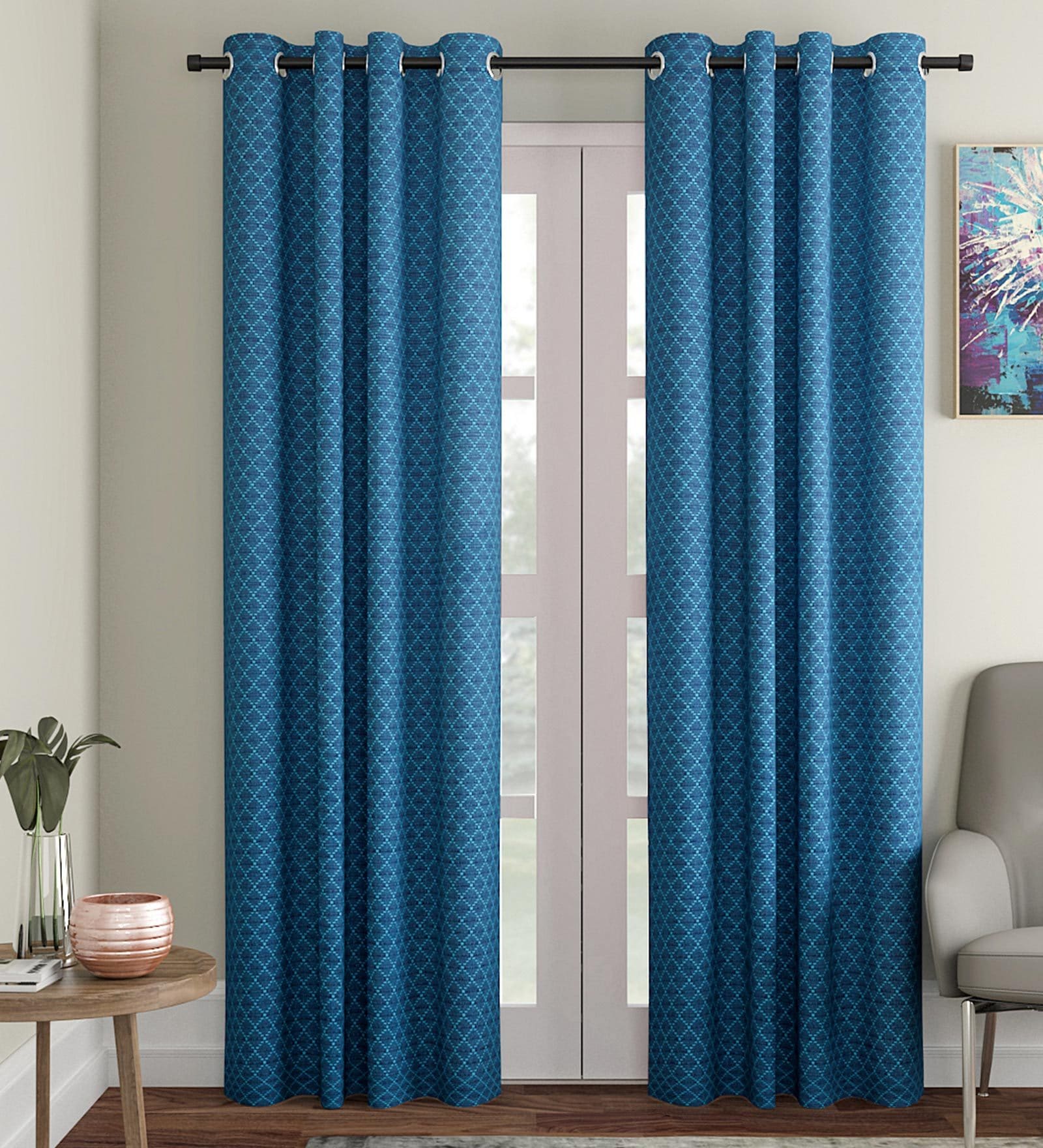 Blue Geometric Cotton 7 Ft Light Filtering Eyelet Door Curtain