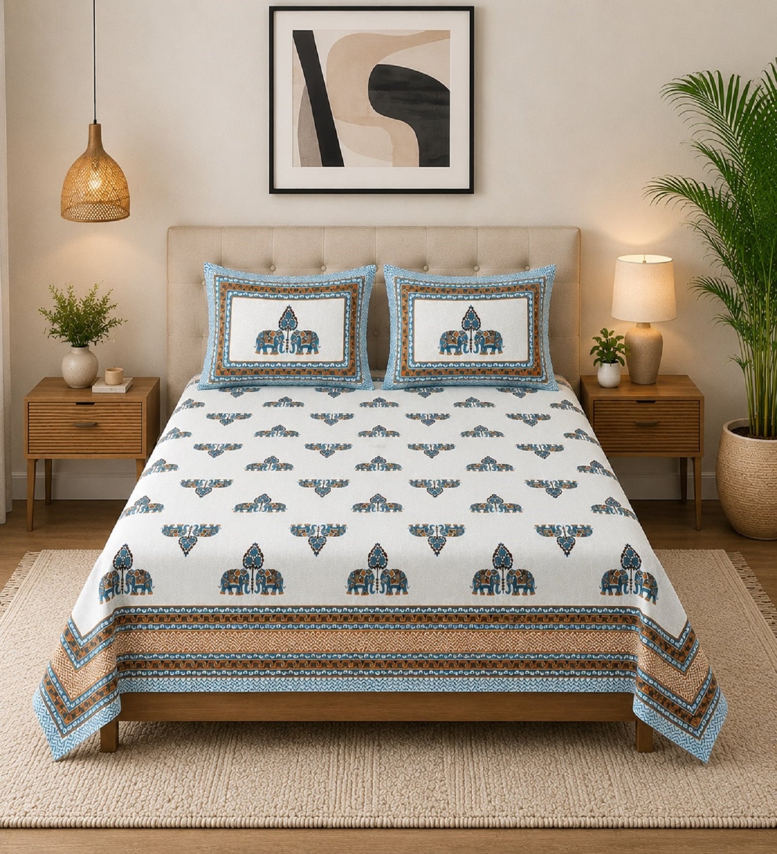 Skyblue 210 TC 100% Cotton  Elephant Printed Super King Size Bedsheet with 2 Pillow Covers