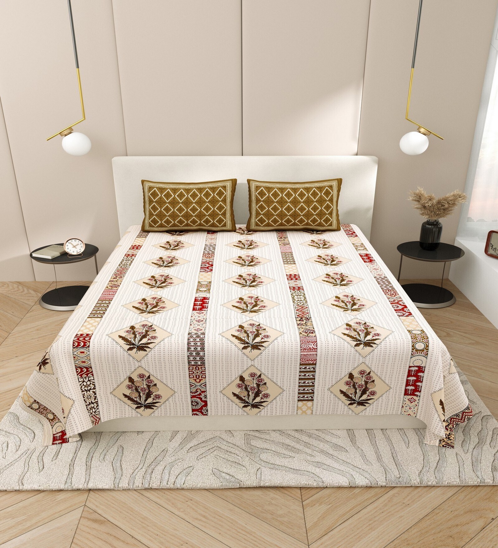 Cream And Brown Traditional print 144 TC Cotton Size Double  Bedsheet With 2 Pillow Cover