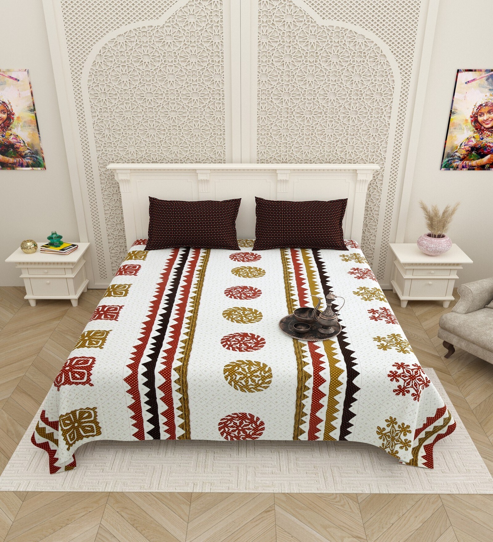 White Traditional print 144 TC Cotton King Size  Bedsheet With 2 Pillow Cover
