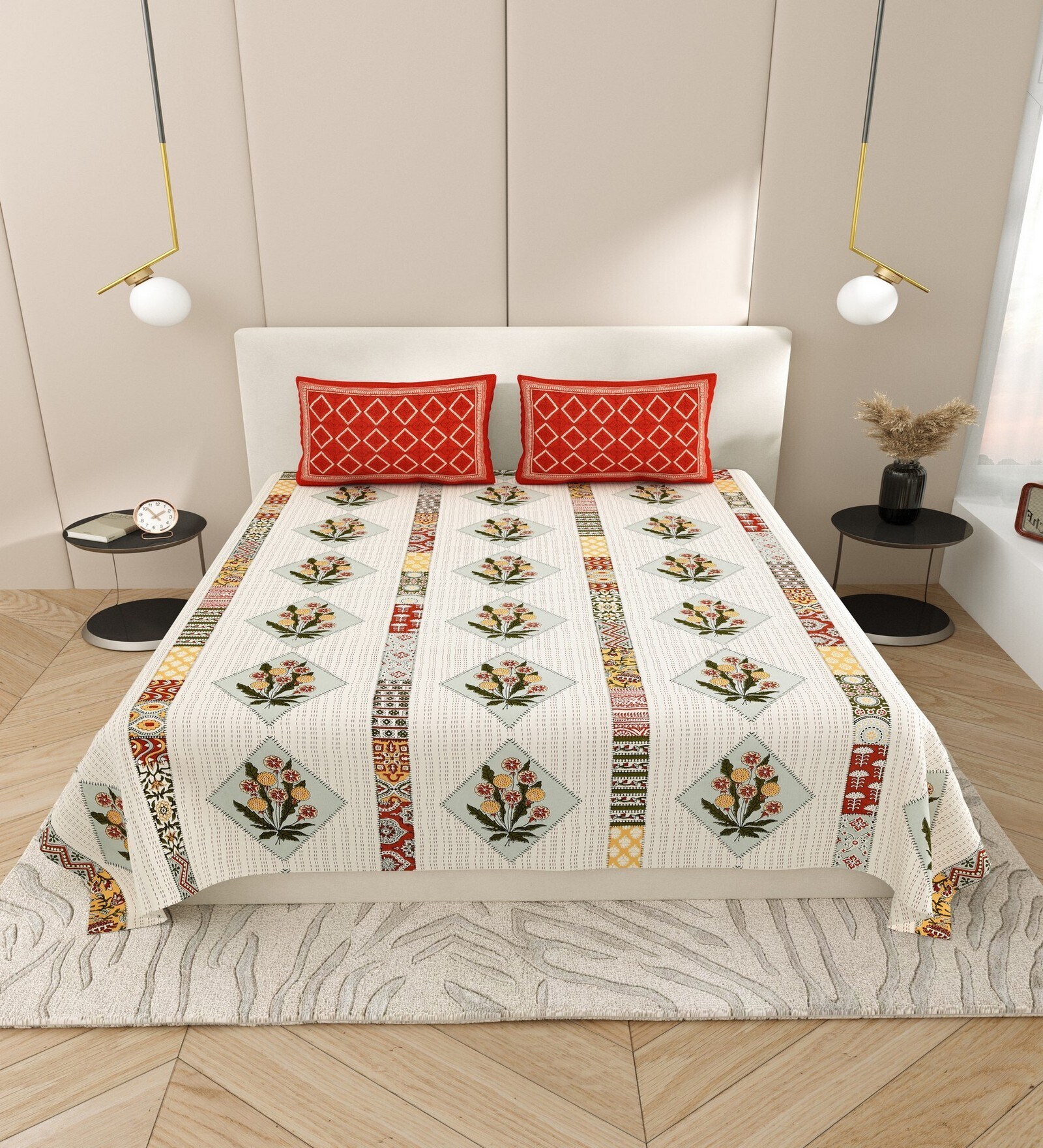 Cream And Red Block Print  144 TC Cotton King Size  Bedsheet With 2 Pillow Cover