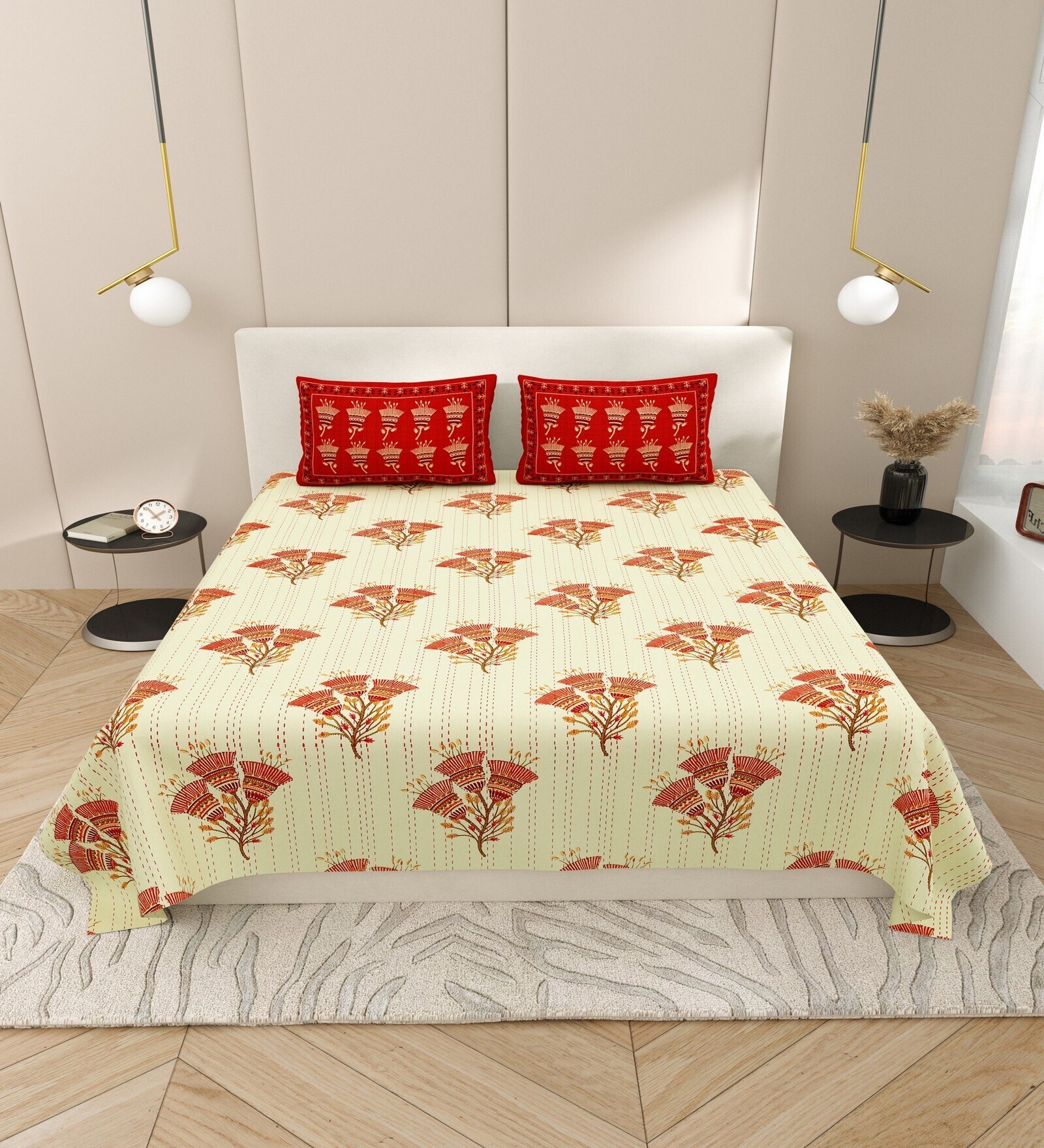 Yellow Block Print  144 TC Cotton King Size  Bedsheet With 2 Pillow Cover