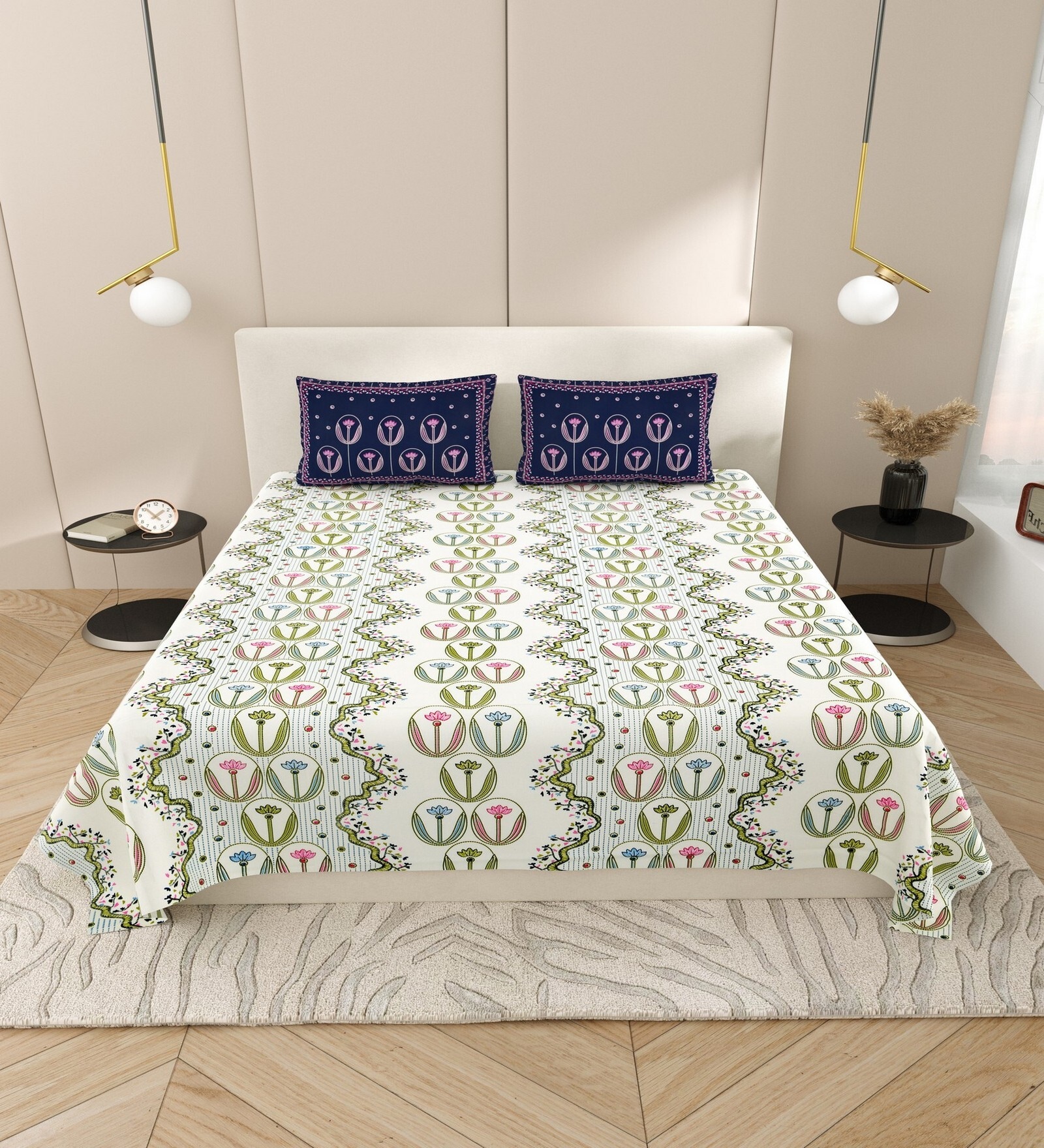 Blue Floral 144 TC Cotton King Size  Bedsheet With 2 Pillow Cover