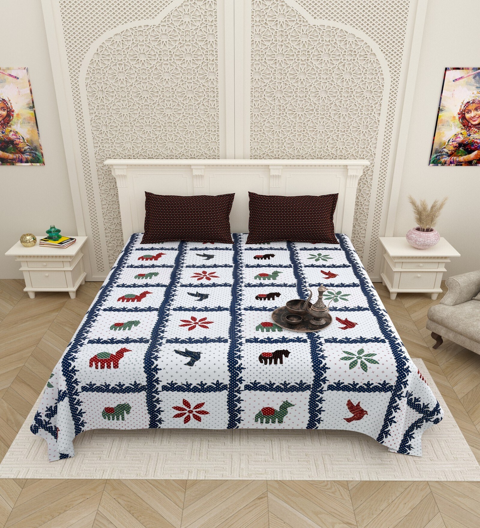 Blue Traditional print 144 TC Cotton King Size  Bedsheet With 2 Pillow Cover