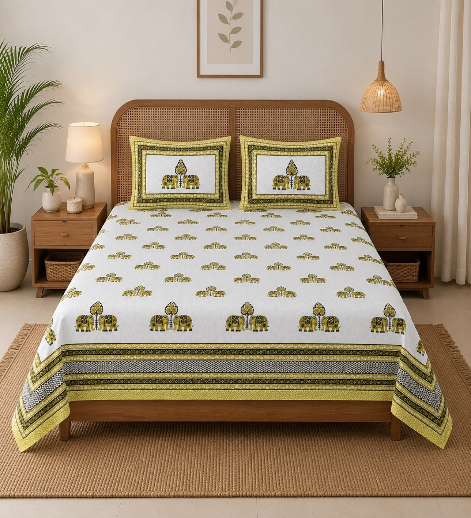 Yellow 210 TC 100% Cotton Elephant Printed Super King Size Bedsheet with 2 Pillow Covers