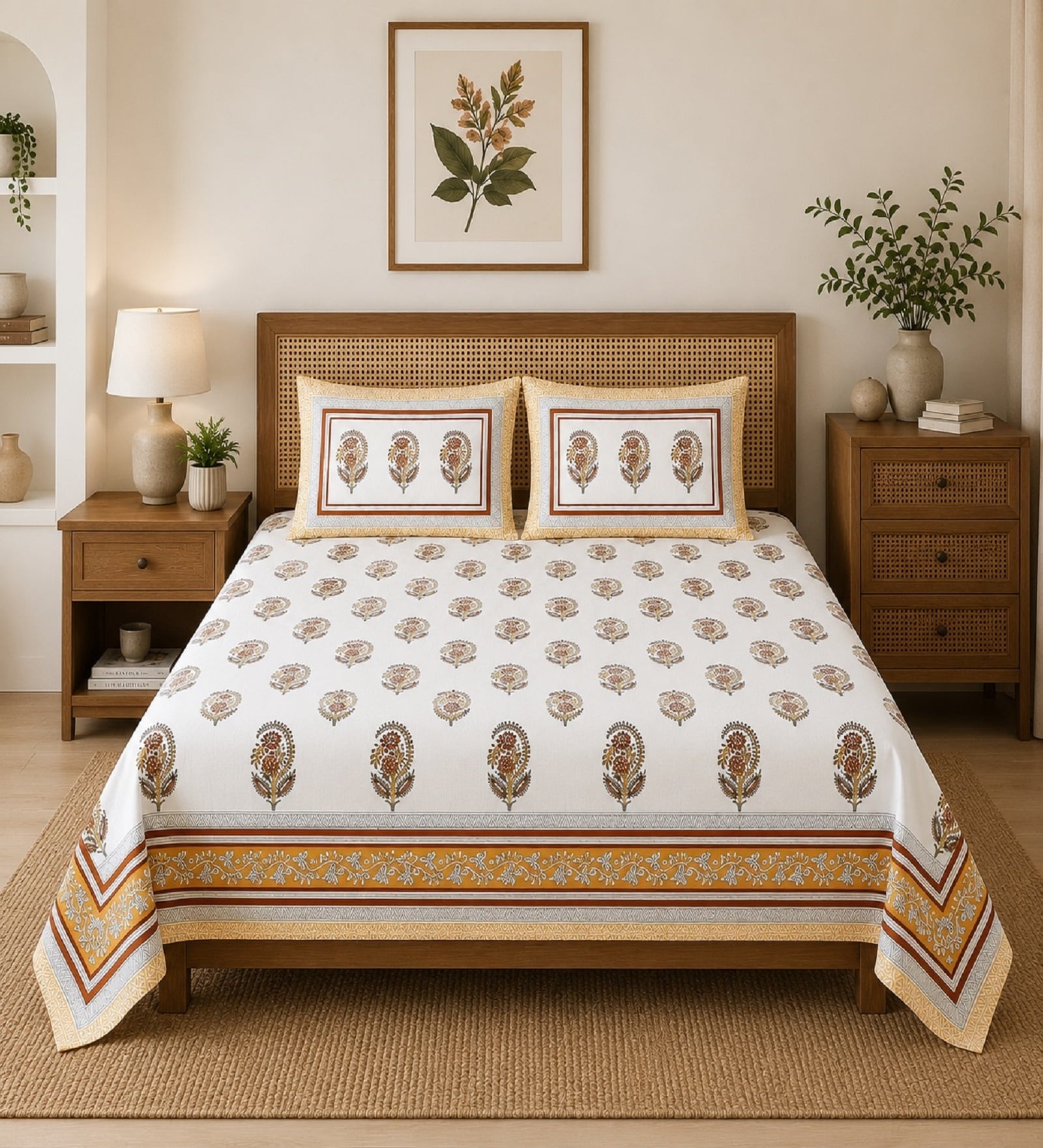 Yellow Floral 100% Cotton Super King Size Bedsheet with 2 Pillow Covers