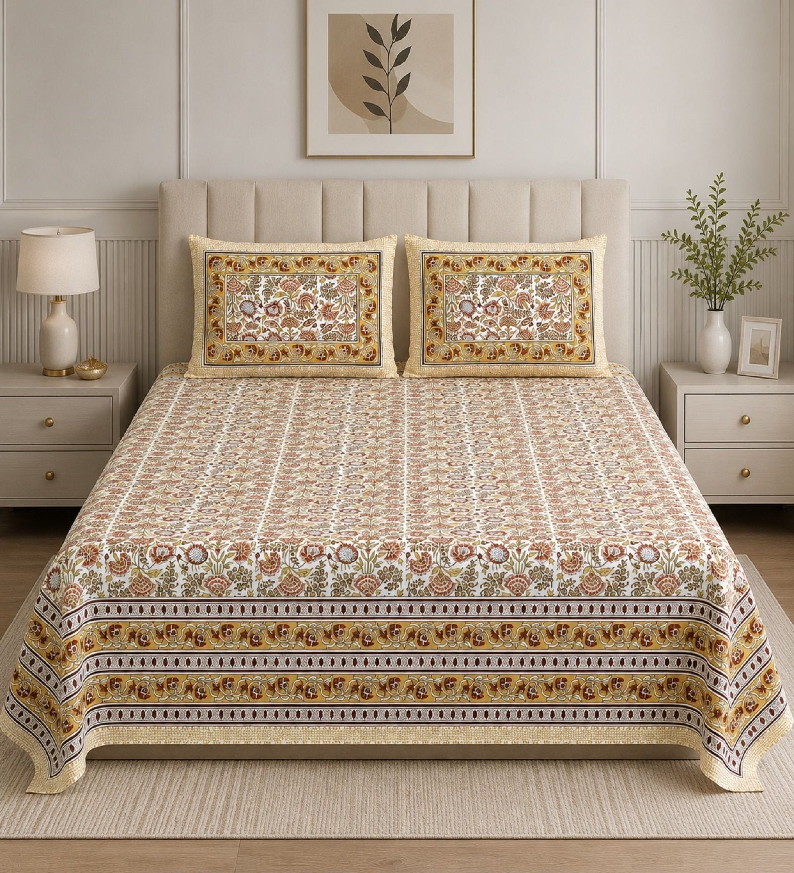 Yellow Floral 100% Cotton Super King Size Bedsheet with 2 Pillow Covers