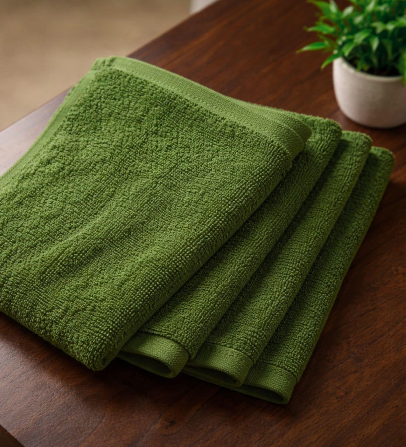 Olive Green 100% Pure Bamboo Terry Face Towel Set Of 4
