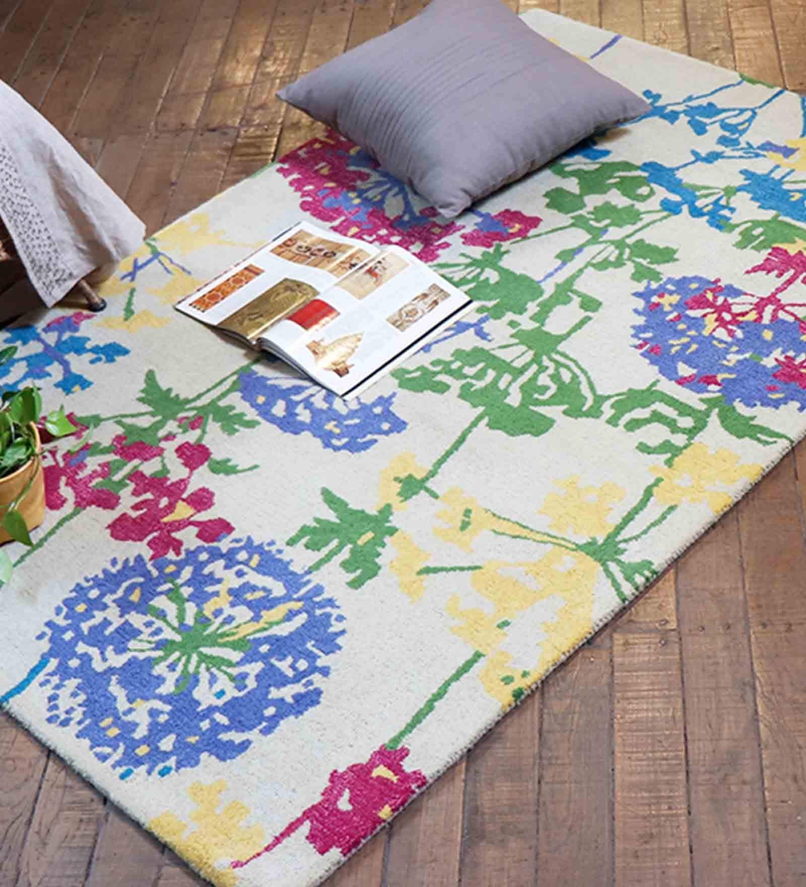 Buy Multicolor Floral 100% Wool 4 ft x 6 ft Hand Tufted Carpet by Zeba ...