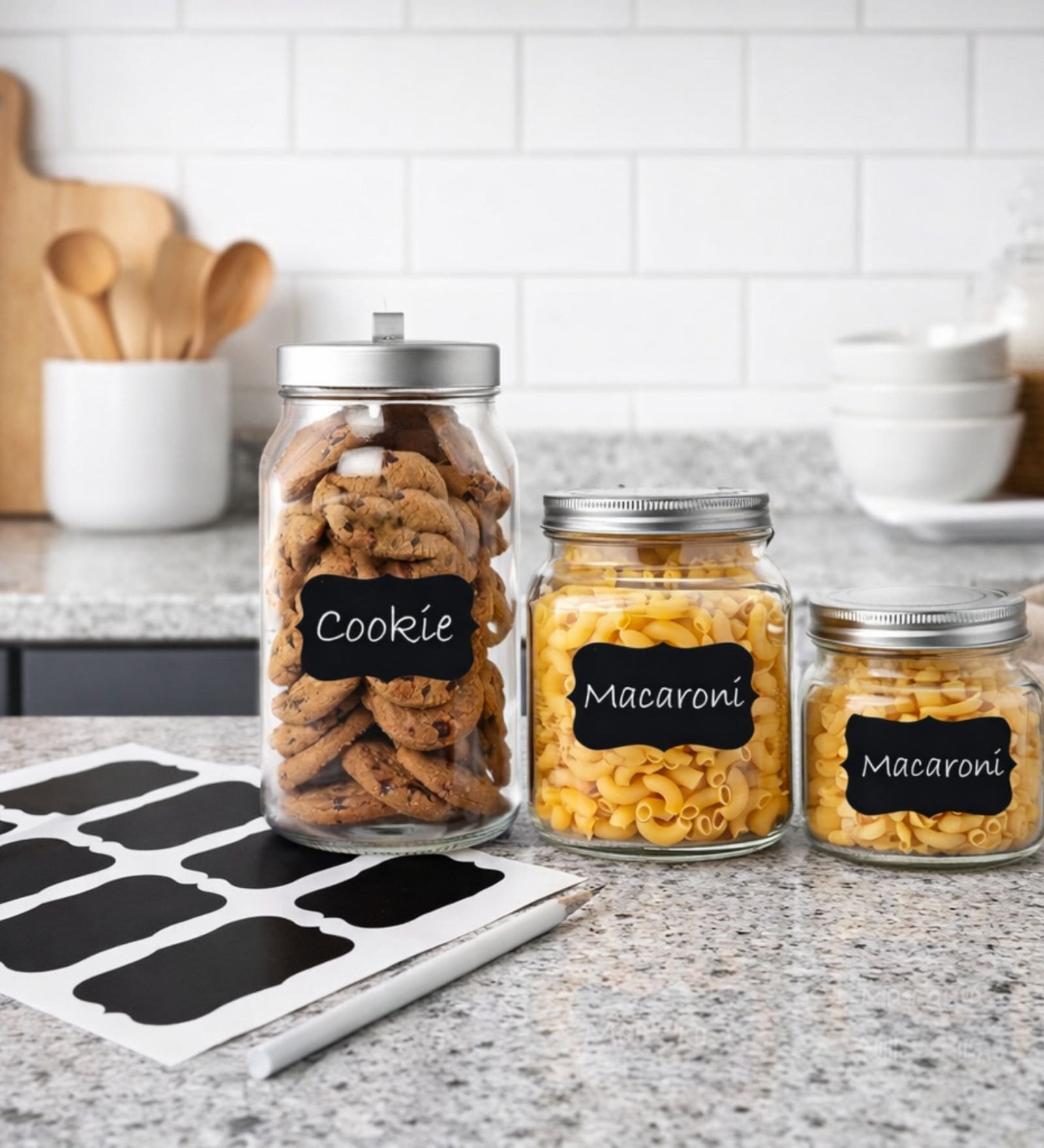 100 Pcs Waterproof Vinyl Black Labels Stickers for Mason Jar Glass & Plastic Bottles with 1 Piece White Pencil